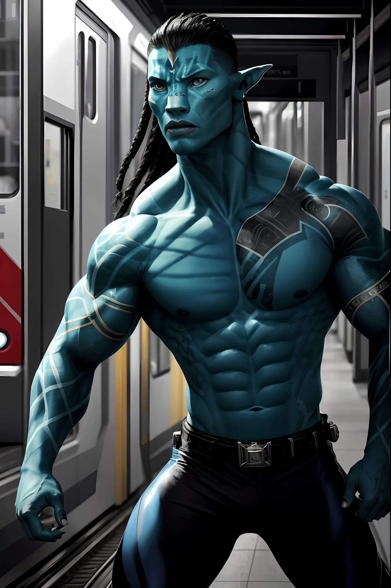(16k, foto RAW, melhor qualidade, obra-prima: 1.2), ultra-detalhado, arte formal, foto realismo: 1.37, foto do corpo inteiro, (homem, beleza ,( Dwayne Johnson)film grain, AVATAR de (AVATAR FILME) ATTACK pose ))detalhes ,( METRALHADORA)), PRETA