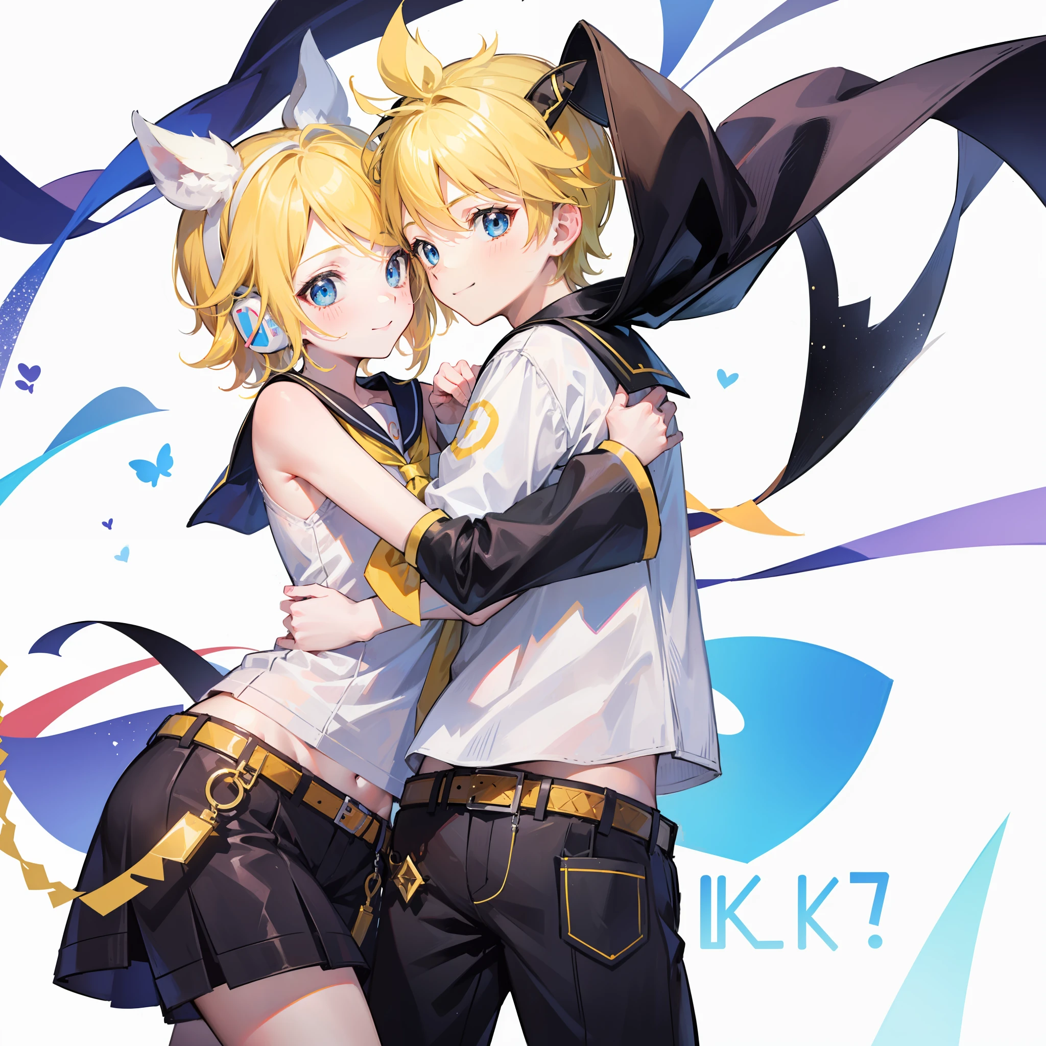 best quality, ultra precision, only two person, one boy and one girl, (a boy is Kagamine_Len), (a girl is Kagamine_Rin), blue eyes, cute, short hair, head phone, blond hair, sailor uniform, black short pants, belt, yellow necktie, smile, elementary school student, twins, love each other, siblings, children, (boy is as tall as girl), kids, characters focus, couple, love each other, white background, look at each other, platonic love, cool boy, cute girl, (hug), cowboy shot, blush