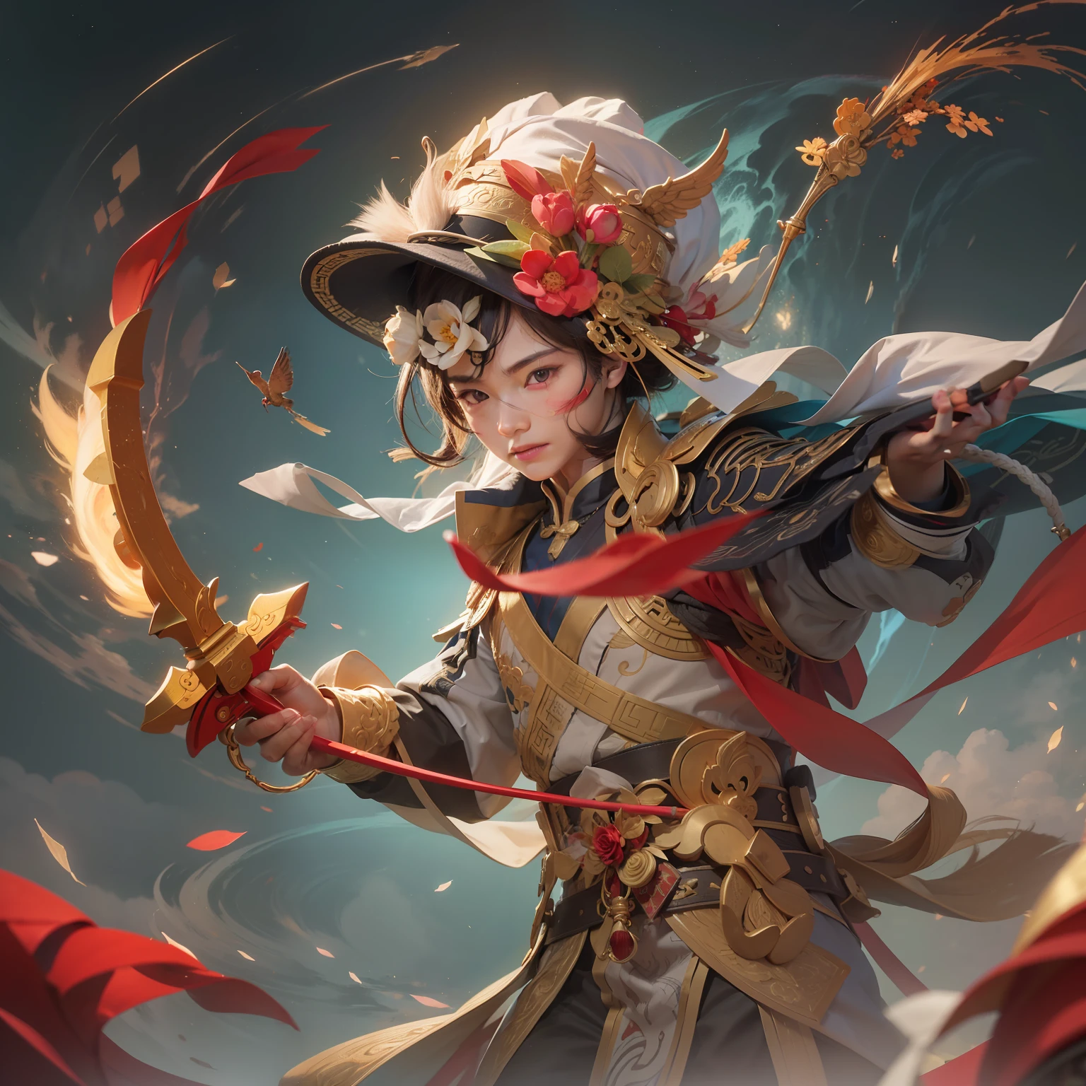 A boy,apathy,disdain,Handsome face、nezha,holds a spear,Step on Hot Wheels,Wear a red diamond,flight,Chinese mythology,cinmatic lighting,Lens vertigo,Beautify the details,Glow,Torn sky background,A flash of gold