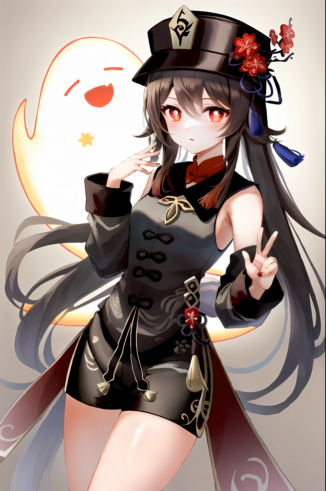 masterpiece, best quality,
1girl, hu tao (genshin impact), boo tao,hat, red eyes, twintails, brown hair, solo, symbol-shaped pupils, long hair,bangs, black shorts , chinese clothes,