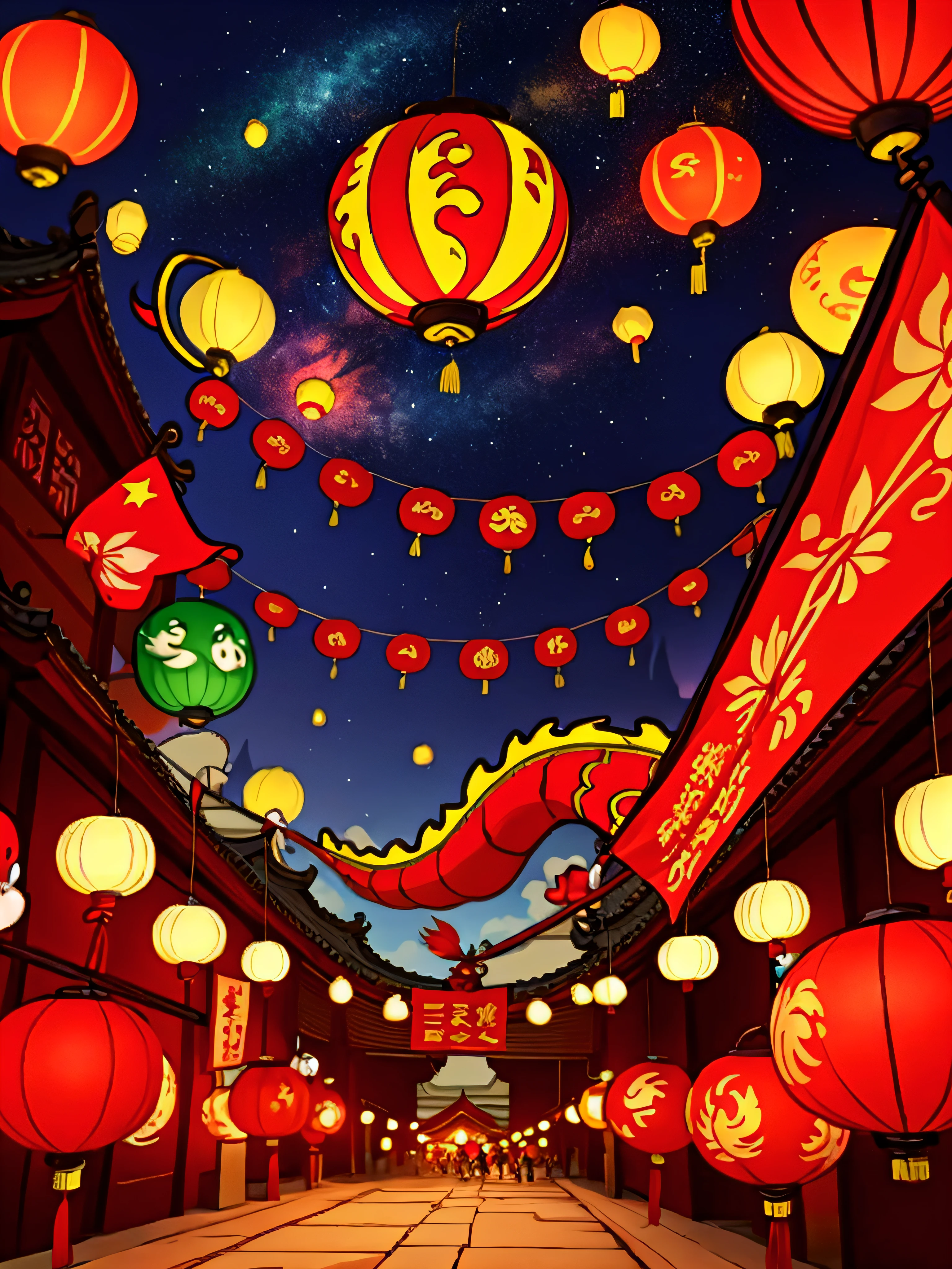 Cartoon characters gather around a dragon holding a flag, Kong Ming lanterns float in the night sky,Holiday celebration,Chinese Traditional Festival Chinese oolong, large view, Chinese fantasy, gta chinatowon art style, Pop art, dreamland of chinese, official fanart, Chinese Dragon, Chinese New Year in Shanghai, mapo tofu cartoon, full color digital illustration