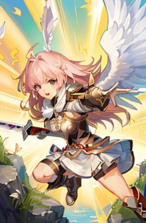 Photo of a girl flying across a river with a sword and wings, angel knight girl, mystical valkyrie, Ayaka Genshin impact, winged archer, ragnarok online, Anime goddess, ayaka game genshin impact, Kushatt Krenz Key Art Women, seraphim, Mechanized Valkyrie girl, Sakura Kinomoto, shadowverse style, gear aurora