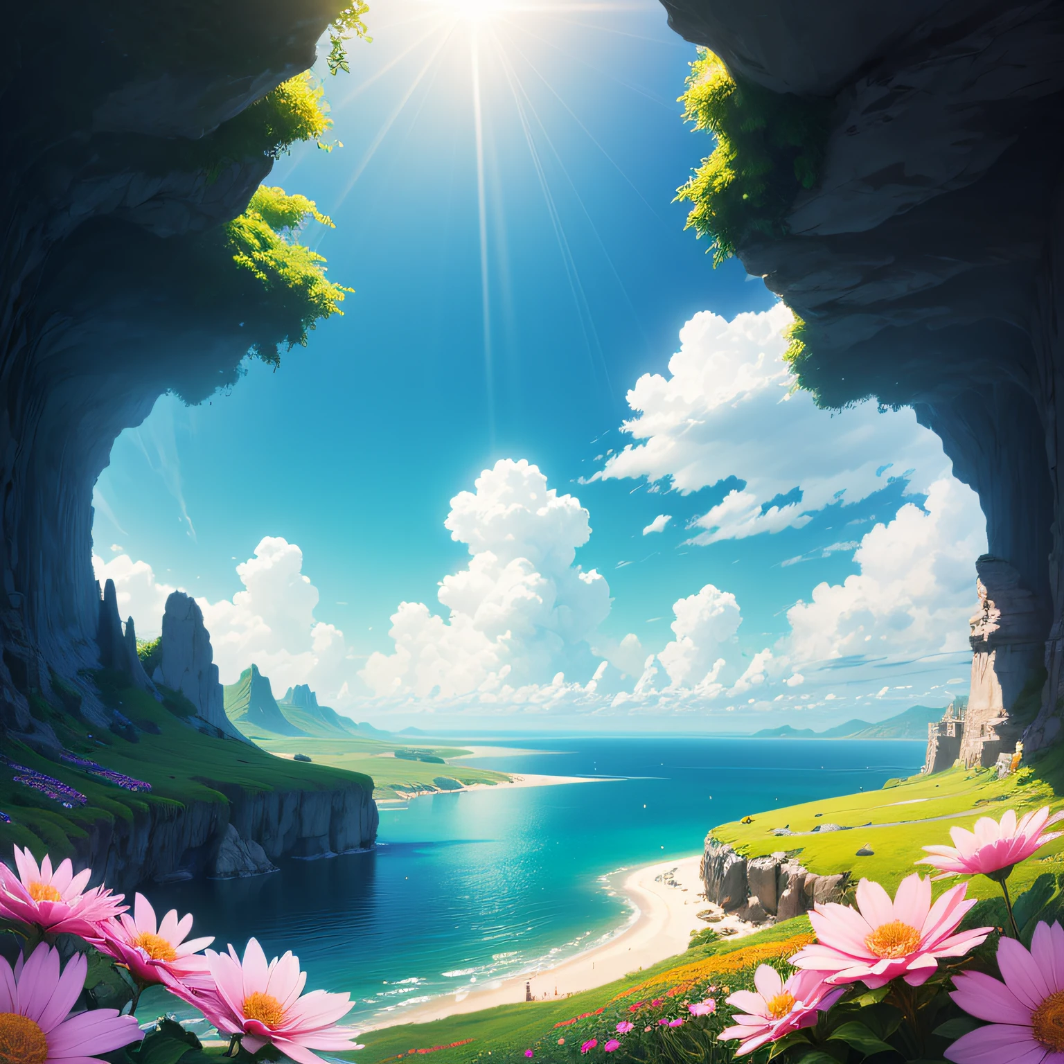 flower sea, High saturation, baiyun, rays of sunshine, The sea in the distance, Anime style --auto