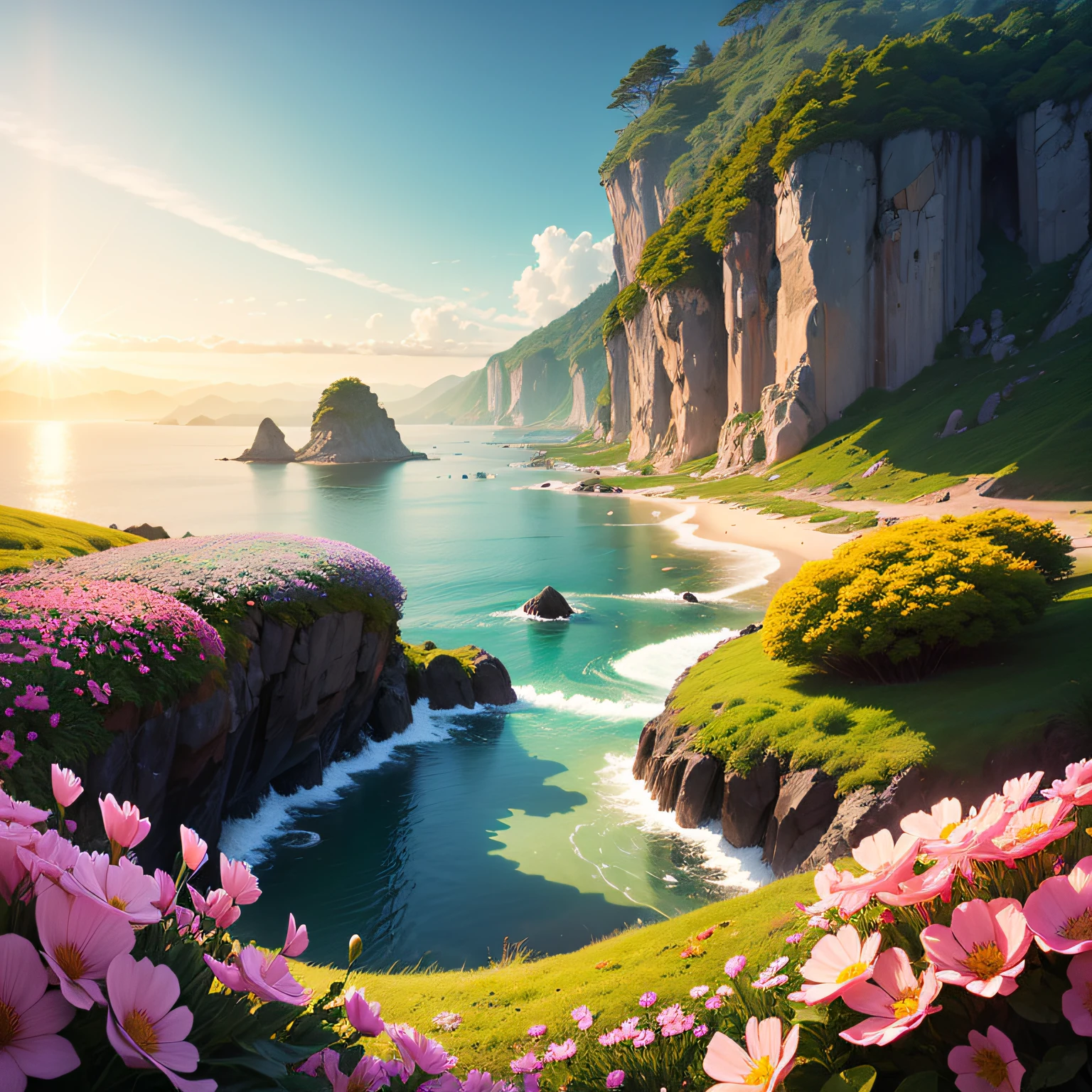 flower sea, High saturation, baiyun, rays of sunshine, The sea in the distance, Anime style --auto