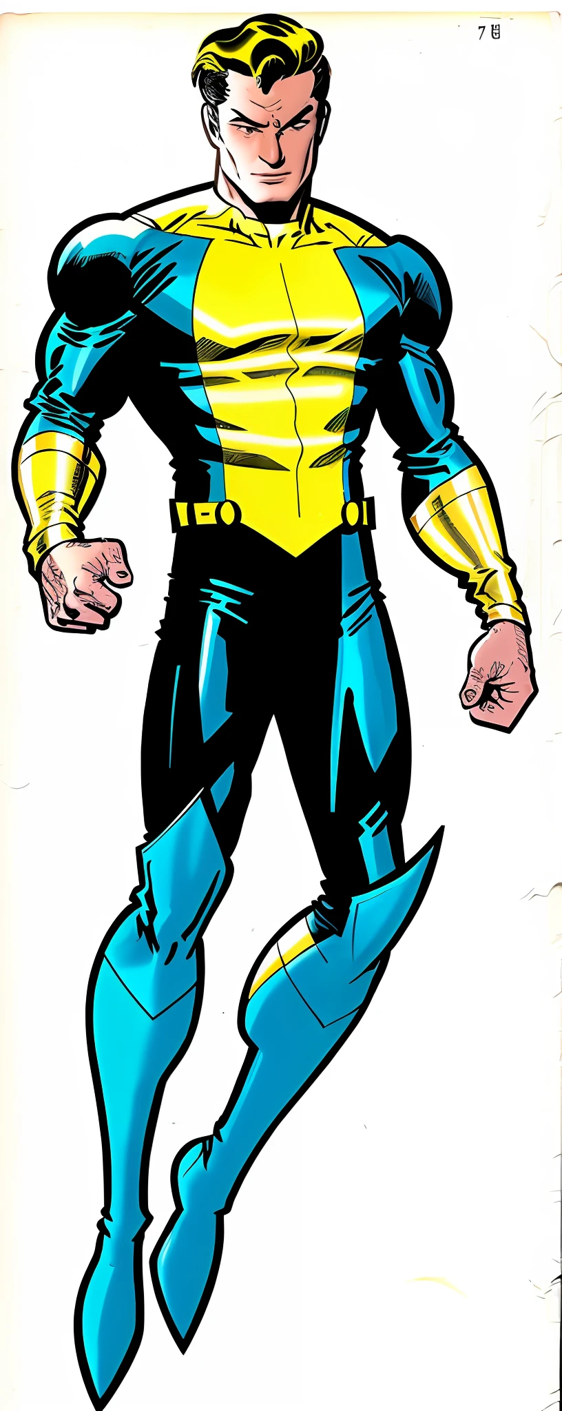 Man in blue and yellow costume with star on chest, blue and yellow costume, logo on chest (star, black color), white skinned male, 60's comics, old comics, peter parker, brown hair, 50's comic book character, angry white eyes, vintage comic character, open eyes, athletic, open white eyes, by stan lee, brunette, dark hair, red hair, brown hairstyle