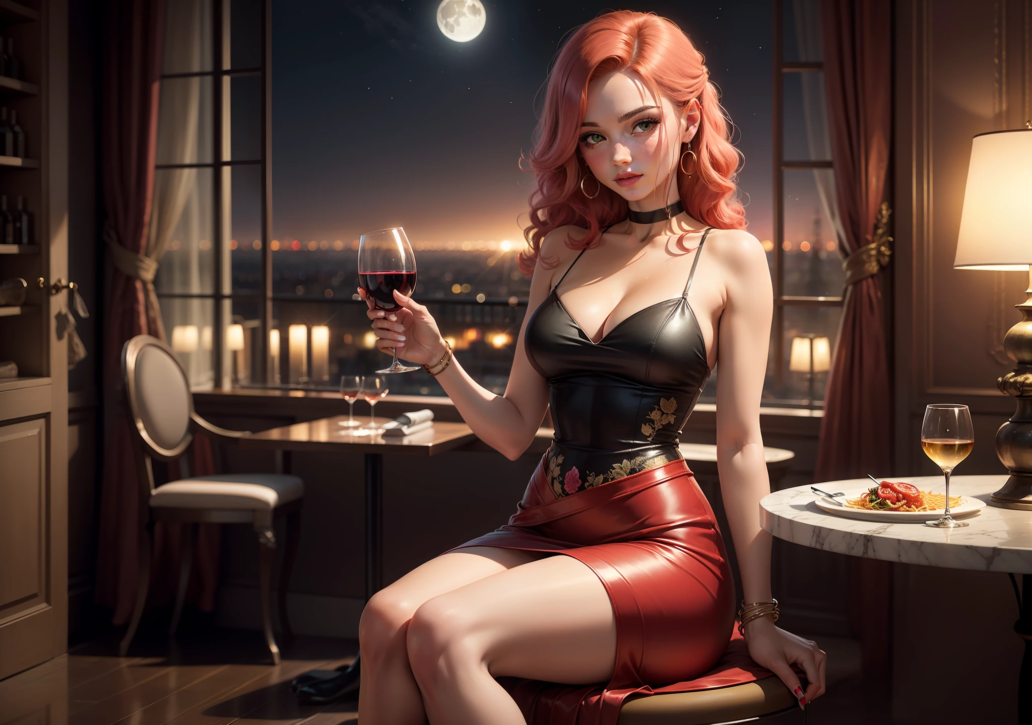 A woman with red hair, white skin, green eyes, thin nose with pink mouth, with a light makeup, wearing a dark blue dress with a light Glitter with medium breasts, thin waist, wide hip with an elegant neckline, nails painted water green, long straight hair with light curls at the tip, wearing thin heeled shoe of black color, wearing a beautiful choker with a sapphire, wearing silver earrings with sapphires, wearing: a silver bracelet she is sitting in a chair in an elegant position with a table on the table has a glass of wine with wine on the table has a bottle of wine inside a bucket with ice a plate with spaghetti in the sauce sugo with grated cheese she is on the balcony of a luxury hotel overlooking the Eiffel Tower in Paris is at night the sky has a moon lit with a many stars around the balcony and large with a modern decoration the woman is happy on the balcony has an open glass door