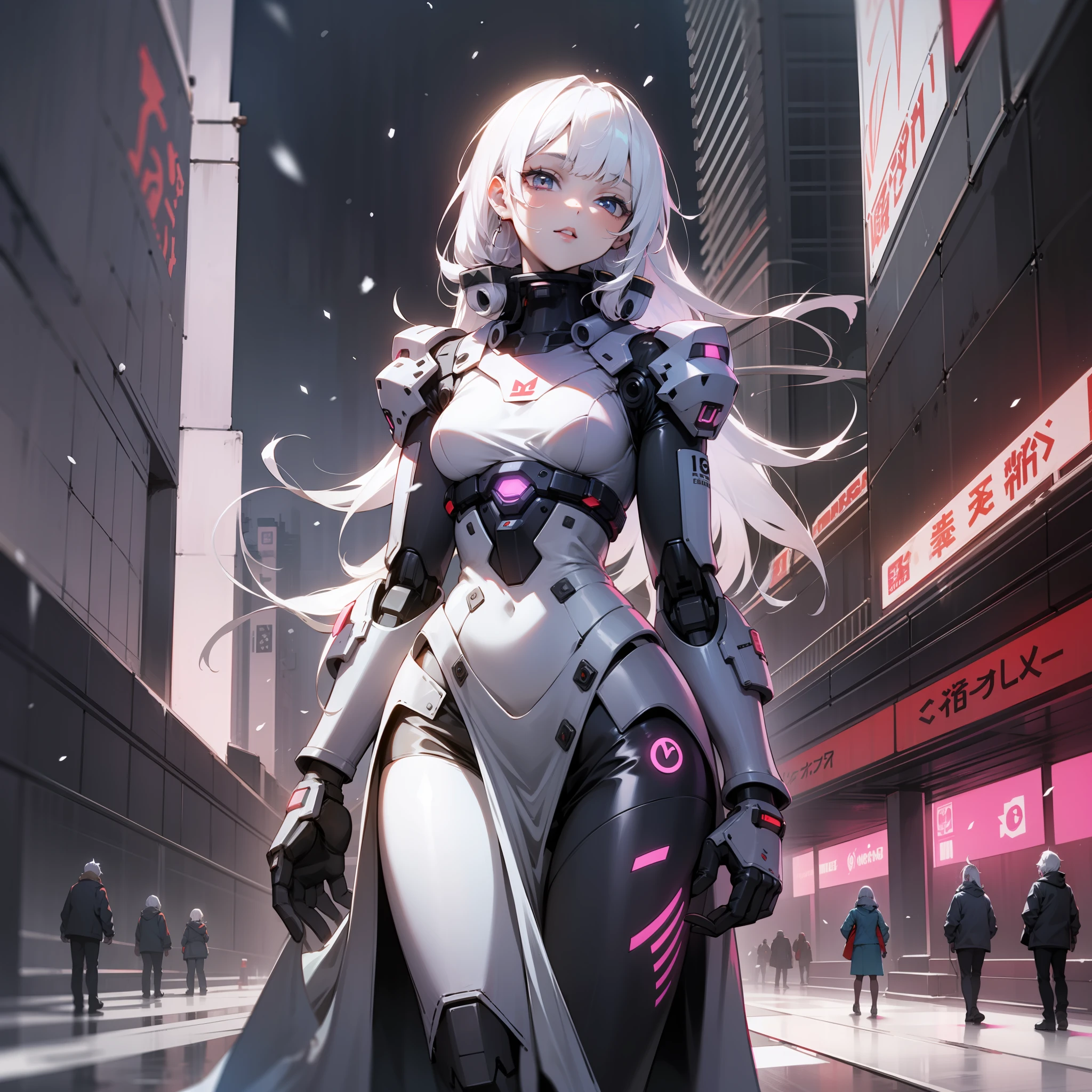 Best quality mode，The picture is fine，8K，Cyberpunk Style，Petite，adolable，Beautiful teenage girl，White hair，Gradient hair，Elaborate Eyes，Snow-white skin，Dressed in mechs，neonlight，Extreme refinement