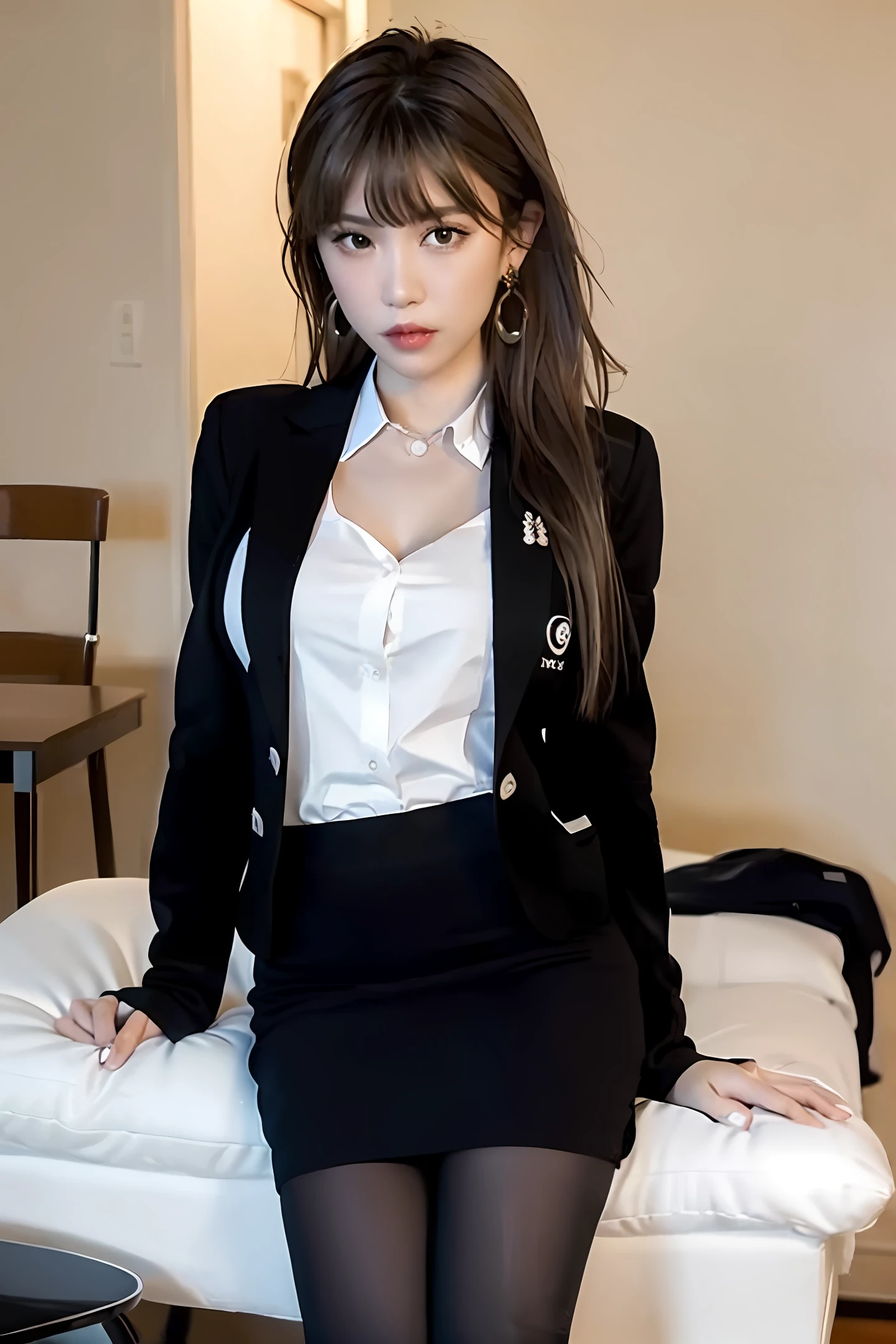 Blazer, white shirt, black hip skirt, long black hair, black stockings, school flower, medium bust, pearl earrings