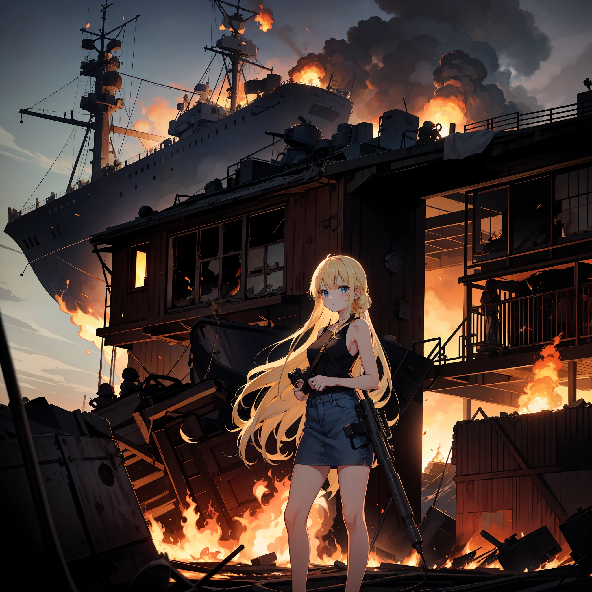 ​masterpiece, Top image quality, hight resolution, Beautiful blonde girl、女の子1人、Whole human body、Blue eyes、deadpan、Black tank top、jean skirt、semi long hair、is standing、showing butt、Shot a bazooka、by night、Naval port blown up in flames、Building in flames、Ship blasted into flames