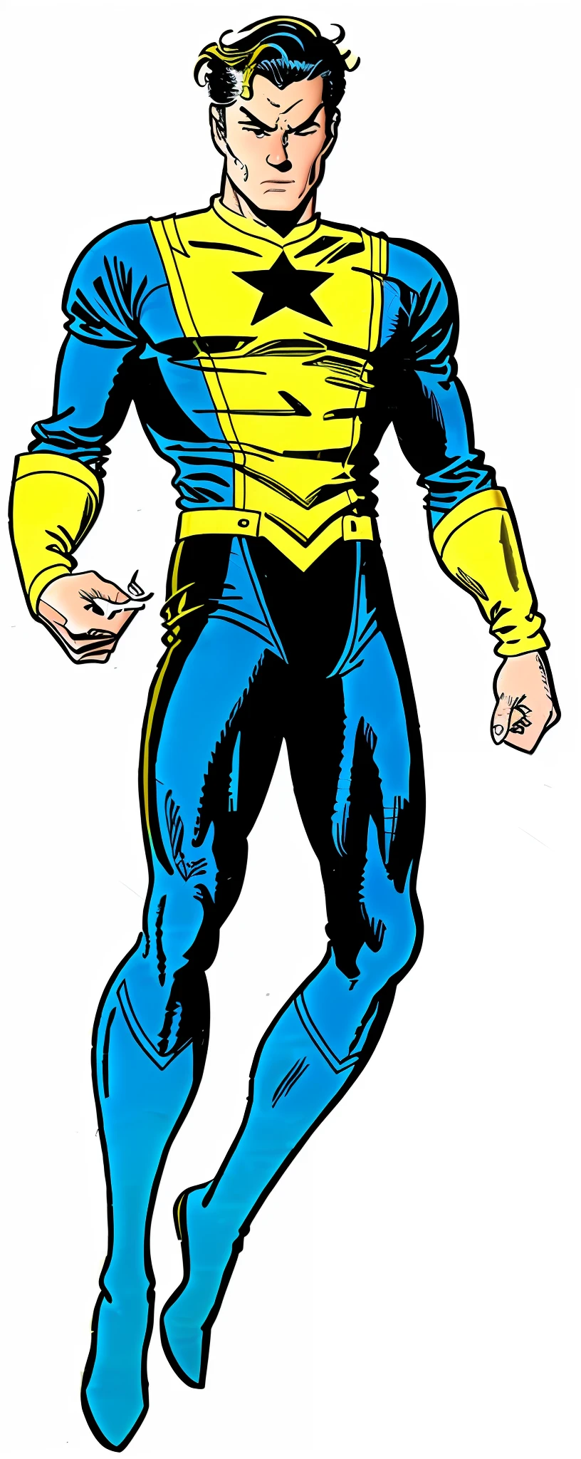 Man in blue and yellow costume with star on chest, blue and yellow costume, logo on chest (star, black color), white skinned male, 60's comics, old comics, peter parker, brown hair, 50's comic book character, angry white eyes, vintage comic character, open eyes, athletic, open white eyes, slek suit