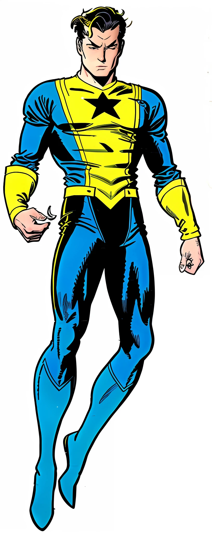 Man in blue and yellow costume with star on chest, blue and yellow costume, logo on chest (star, black color), white skinned male, 60's comics, old comics, peter parker, brown hair, 50's comic book character, angry white eyes, vintage comic character, open eyes, athletic, open white eyes, slek suit
