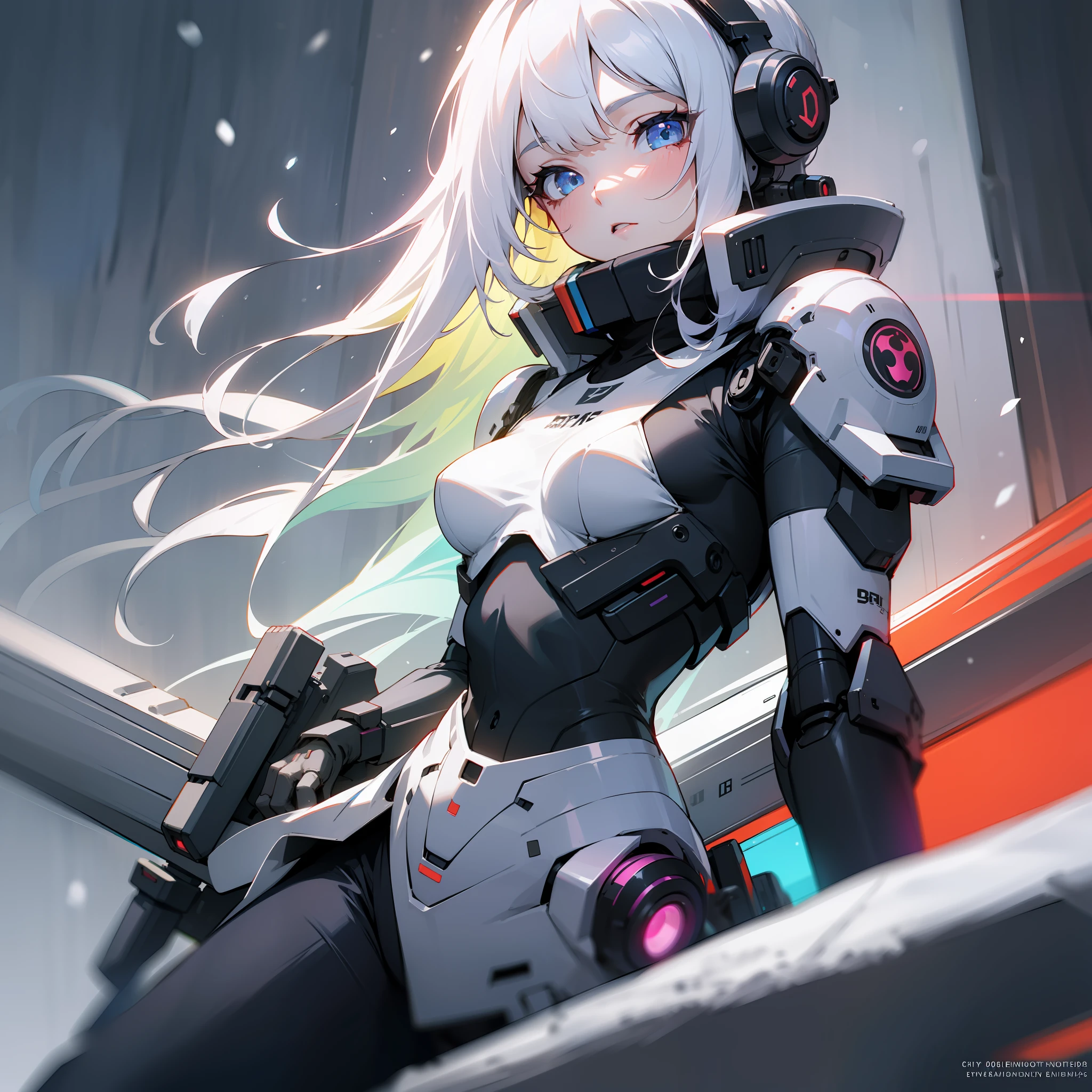 Best quality mode，The picture is fine，8K，Cyberpunk Style，Petite，adolable，Beautiful age girl，White hair，Gradient hair，Elaborate Eyes，Snow-white skin，Dressed in mechs，neonlight，Extreme refinement