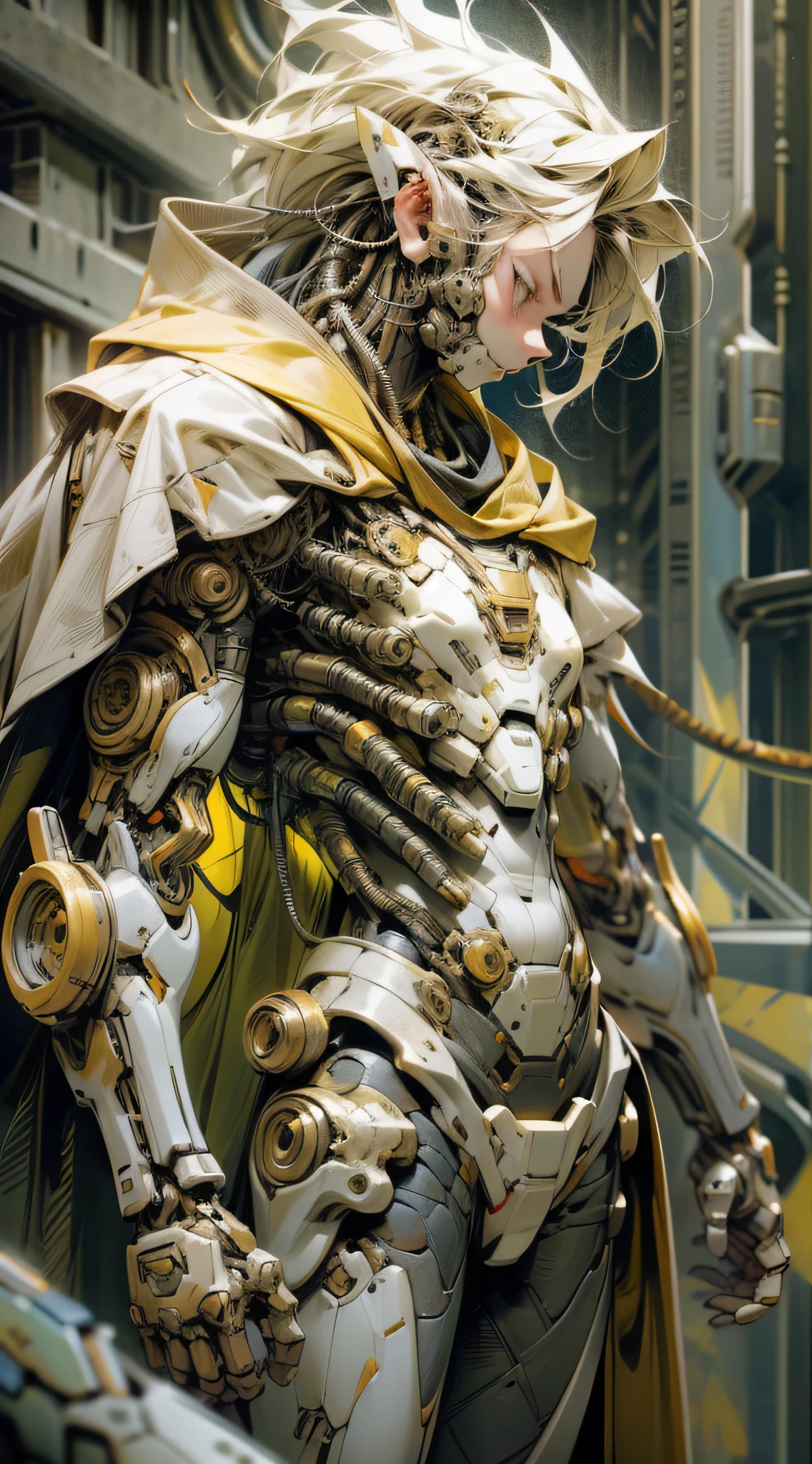 Draw a hero wearing a green and gold costume with futuristic details. The suit should look technological and advanced, with bright lines and cybernetic elements. The hero must wear a white hood that covers his head but leaves his face exposed, and a white cape that extends from his left shoulder to his left ankle, giving him an asymmetrical and dynamic look. The hood and cape should have an elegant and fluid appearance, suggesting movement even when the hero is stationary. Feel free to add any other details or accessories you see fit to enhance the futuristic aspect of the hero. Remember that the main emphasis is on the design of the costume, hood and cape, and your creativity is welcome to make the hero unique and impressive. Dark_Fantasy,Cyberpunk,(chain saw,chain saw man,Red:1.1),1man,Mechanical marvel,Robotic presence,Cybernetic guardian, wearing a worn-out mech suit, intricate, (steel metal [rusty]), elegant, clear focus, shot by greg rutkowski, soft lighting, vibrant colors, masterpiece, ((street)), cowboy shot, dynamic pose,