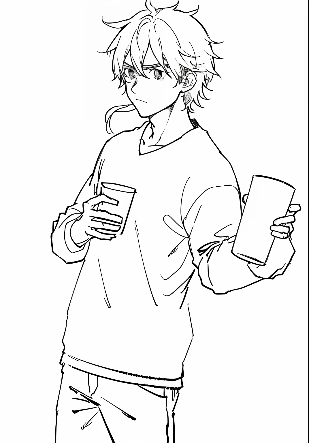 A boy holds a cup and a drawing of a book, holding a drink, clean lineart, Line art!!, perfect lineart, clean anime outlines, manga style of kentaro miura, linear art, drinking a drink, thick lineart, bold lineart, kentaro miura manga style, Simple lines of art, kentaro miura manga art style