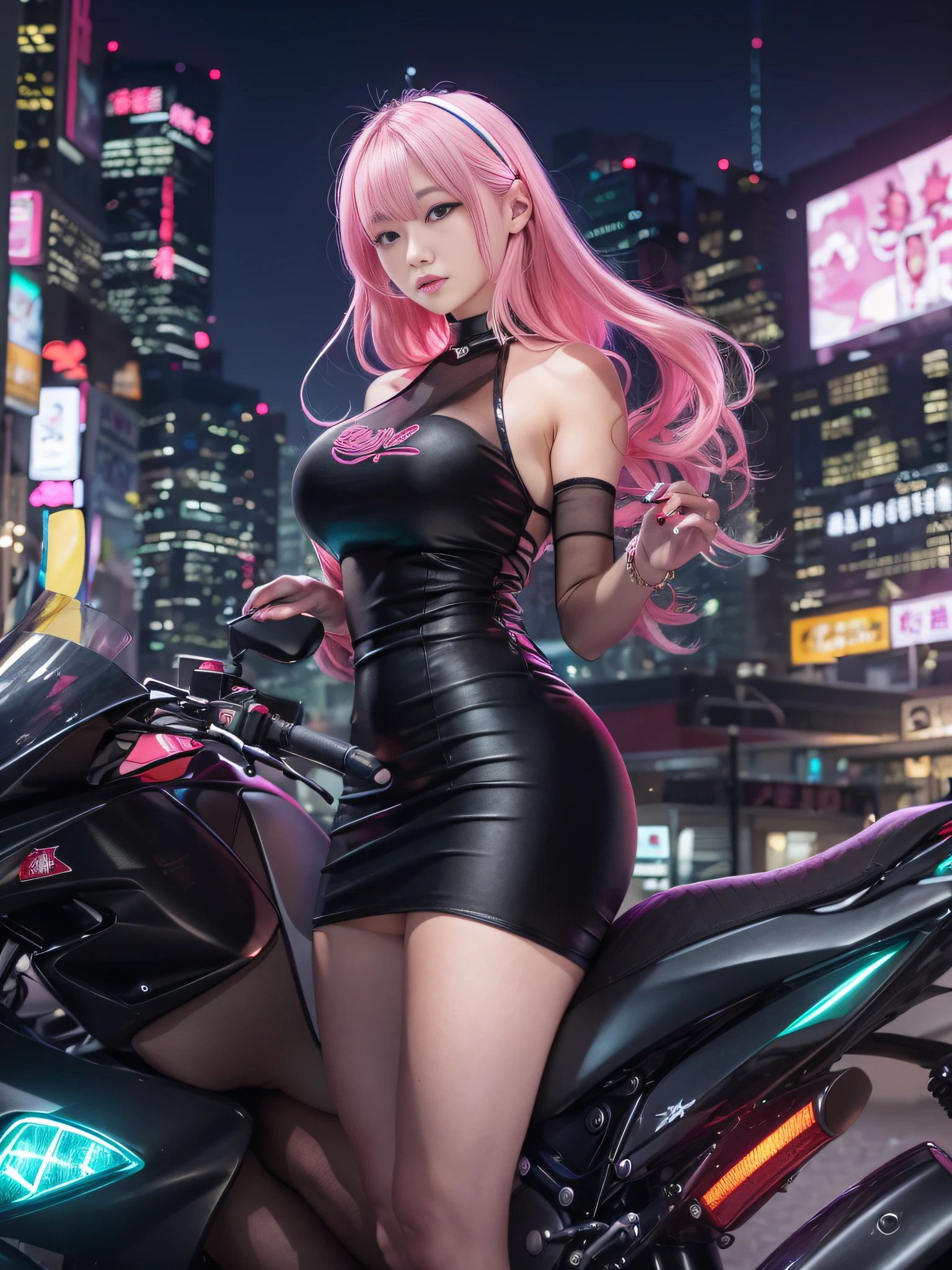 top-quality、超A high resolution、女の子1人、Black tight skirt、Black choker、(huge-breasted:1.2)、high-heels, Riding a motorcycle, Pink short hair, Upper body black swimsuit, Photo, The background is the city at night,Live Action,japanes,独奏,beautiful countenance,Wearing black stockings,neons,