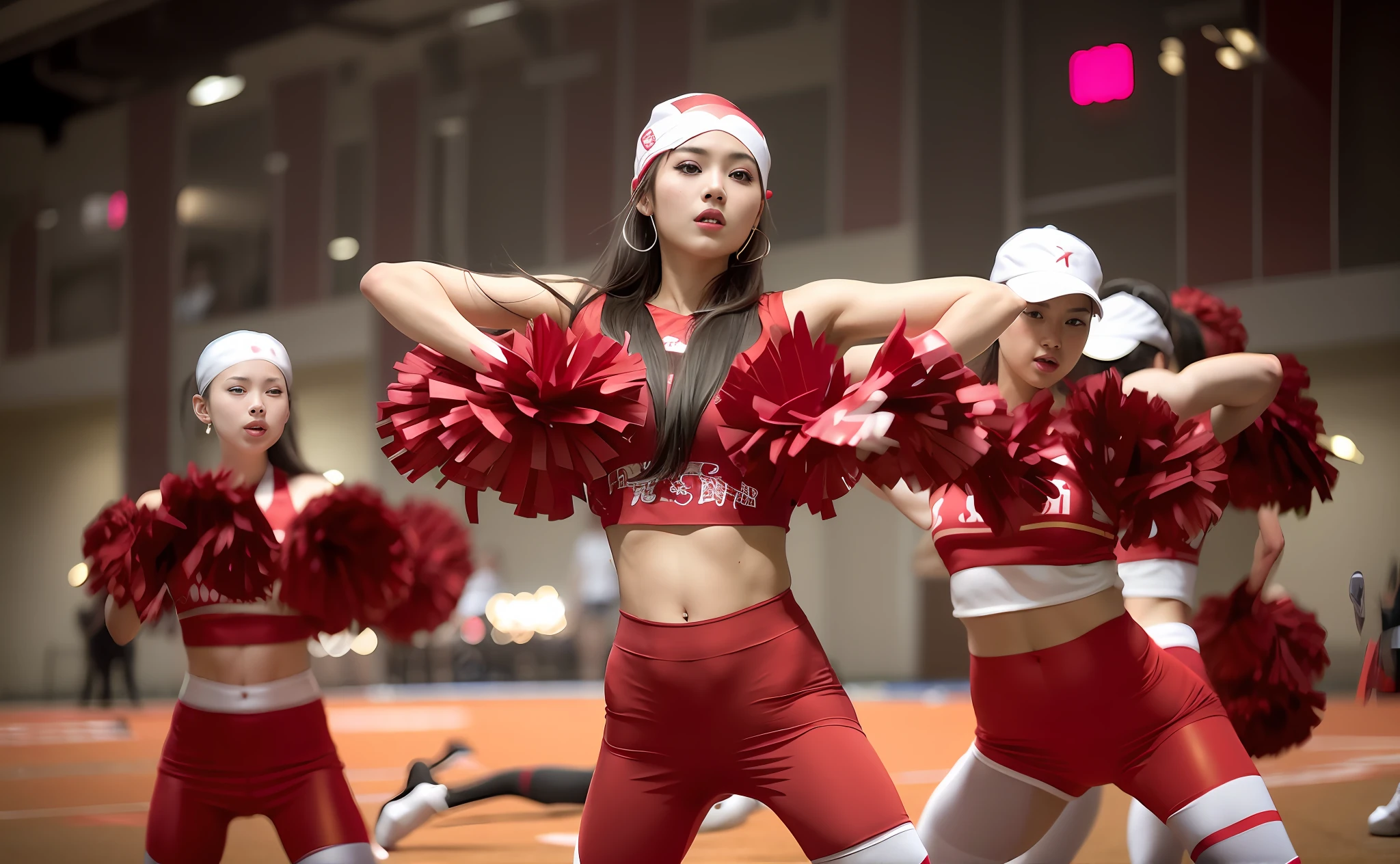Close-up of a cheerleader in a red and white costume performing, xue han, Red and white, Red horns, 💣 💥, xintong chen, shaxi, wearing red attire, wei wang, Red and white color scheme, inspired by Zhang Shuqi, wenjun lin, bian lian, flying scarlet phoenix, Yang Qi, Inspired by Zou Yigui