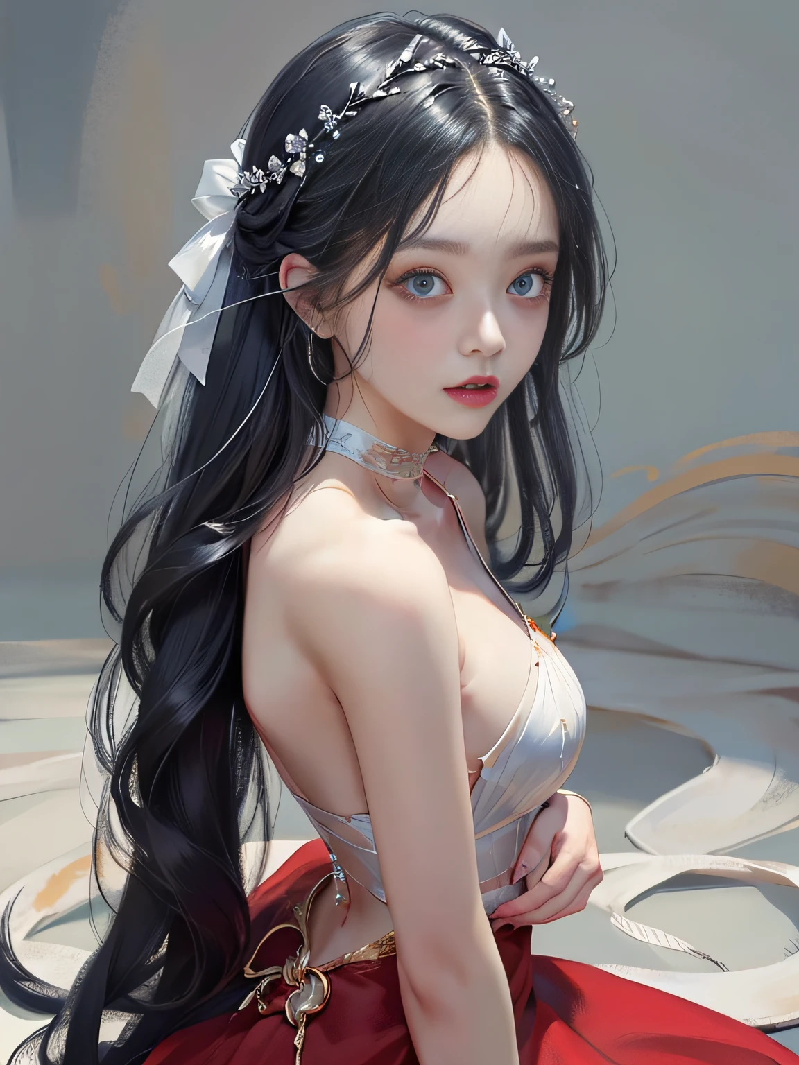 looking from above，（（best qualtiy）），（（tmasterpiece）），（the detail）1girll，She wore a red dress。Fits the body，It beautifully accentuates its curves。Her skin was as white as ivory，Soft and smooth to the touch。Her hair is straight，Lustrous black。Her long hair ran down her back，Make her figure look more beautiful。Her eyes were big and deep indigo。Her lips are painted with cherry-colored lipstick，Plump and raised。Her figure is somewhat mysterious，looking at viewert。She is in a minimalist、Simple and stark white room。Her face was beautifully trimmed，Her eyes and nose are clear。The big black eyes are attractive，It exudes a deep and subtle light。Her hair was long and shiny，Her ethereal beauty further enhances her charm。Her mouth is small，Well-shaped lips sparkle。Her skin is smooth，Tremendously beautiful，Almost silky，The slender waist has a smooth line，The are beautiful。，（，，，：1.2）