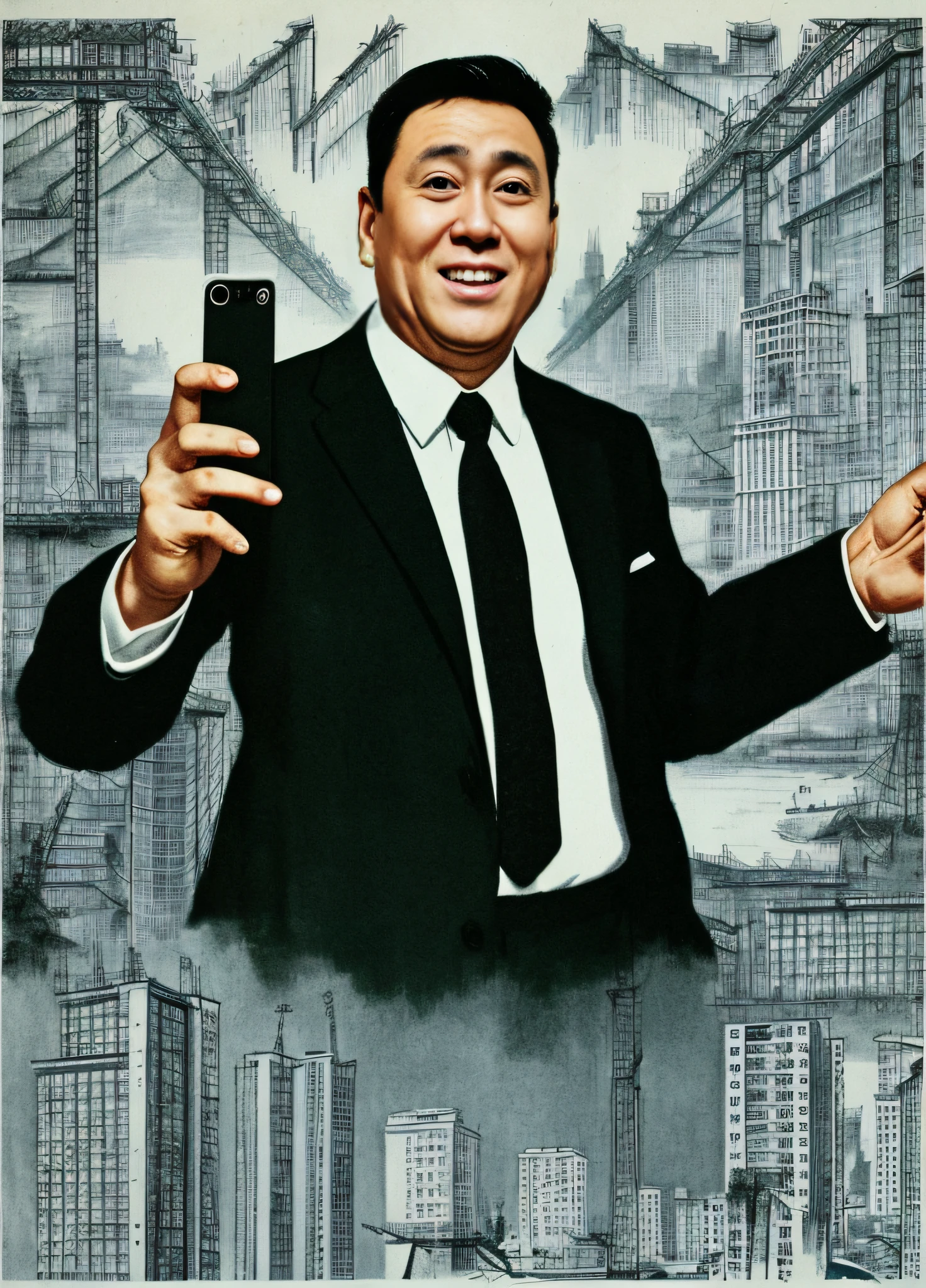 A 40-year-old Chinese man is happy, Jumps, Black suit, Black and white twin tie, Hidden black phone in hand, slicked back hairstyle, Abandoned construction sites, Vintage, Caricature