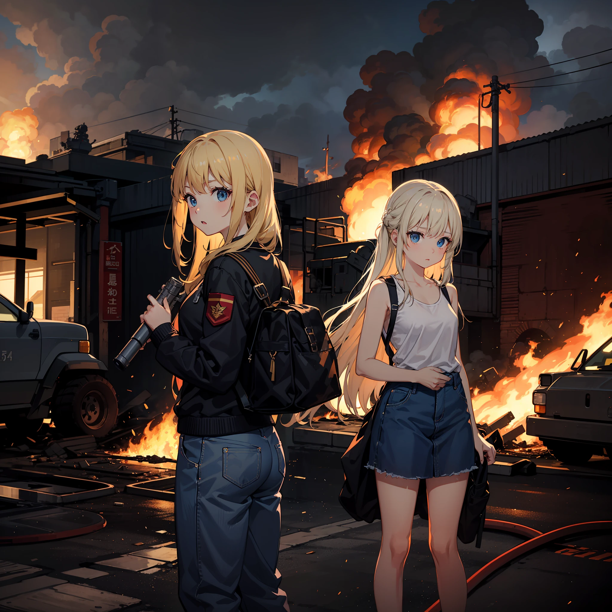 masterpiece, Top image quality, hight resolution, Beautiful blonde girl、女の子1人、Whole human body、Blue eyes、deadpan、Black tank top、jean skirt、semi long hair、is standing、showing butt、Shot a bazooka、by night、Military base blown up in flames、Building in flames、Armored car blasting into flames