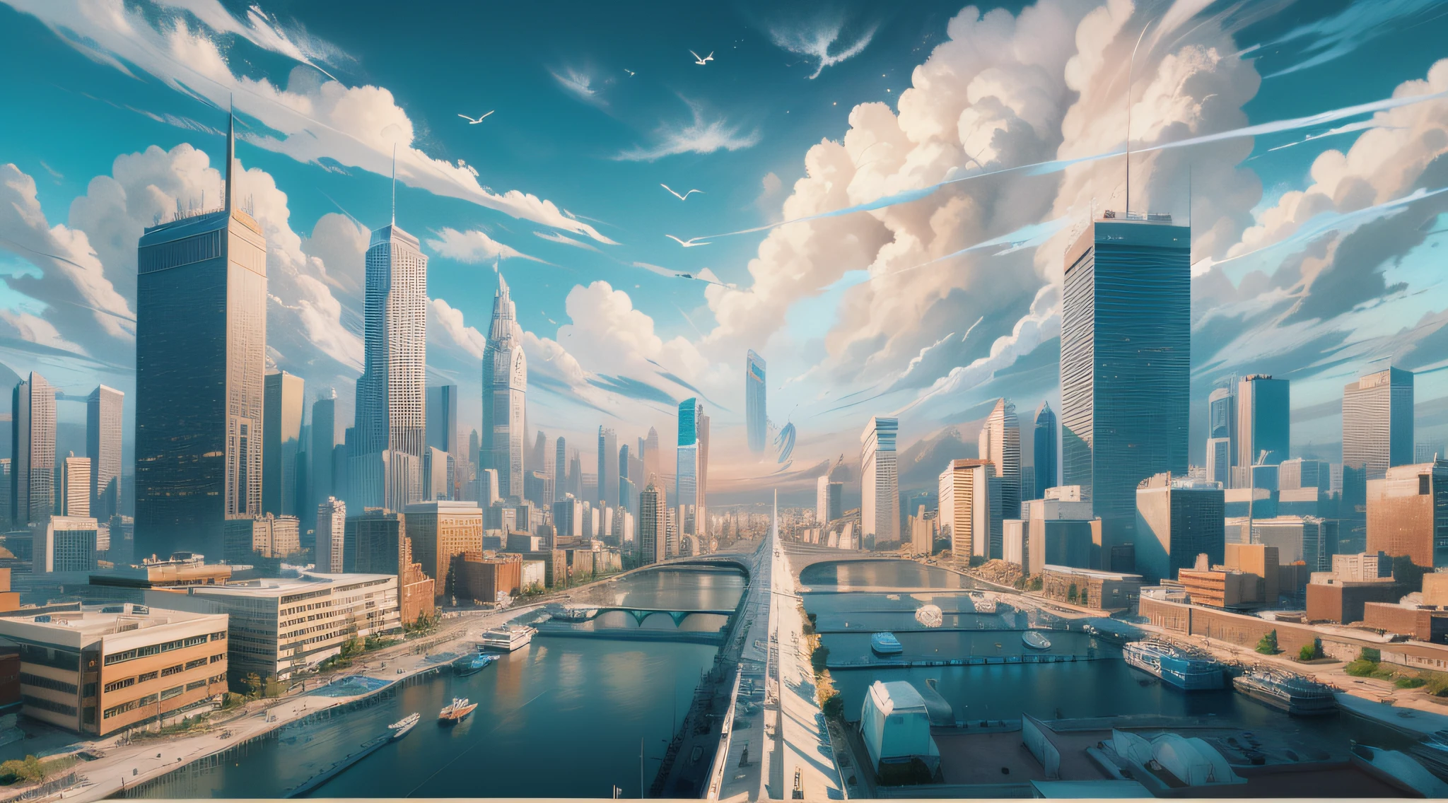 8K，tmasterpiece，Draw more detailed details，hyperdetailed painting，hyperdetailed painting，Based on physical rendering，Professional，Digital painting，Portrait drawing cartoon，Background of a blockbuster，Blue sky，Brilliant clouds，Distant skyline，Open sky，cinematric light，Look in the other direction，Don't look directly at each other，suburb，Beautiful