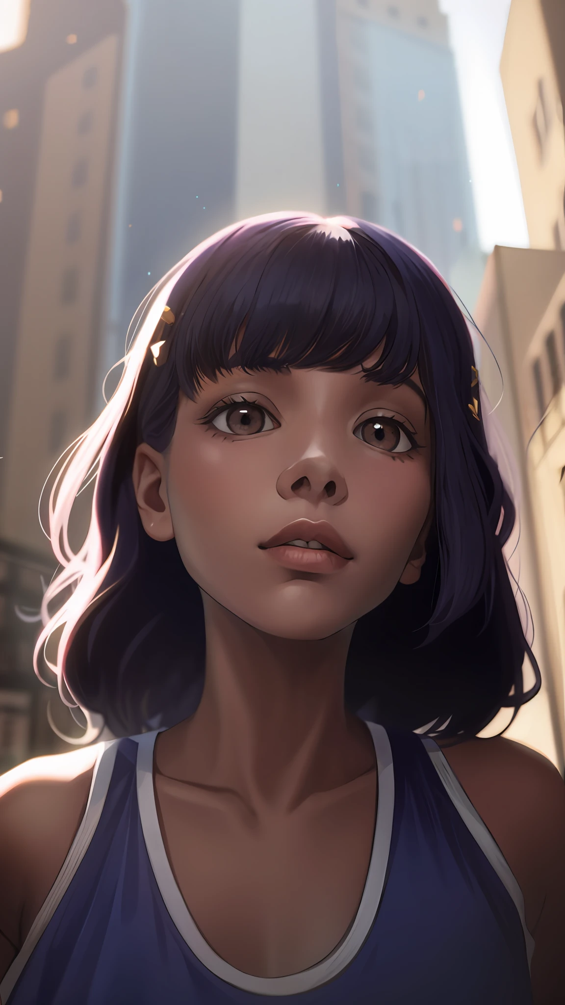 There is a woman with a purple shirt and black hair, No estilo de Petra Collins, seu rosto emoldurado com cachos, taken in the early 2020s, Petra Collins, em torno de 1 9 anos, fotografia de baixa qualidade, 18 anos, tiradas no final dos anos 2000, tiradas em meados dos anos 2000