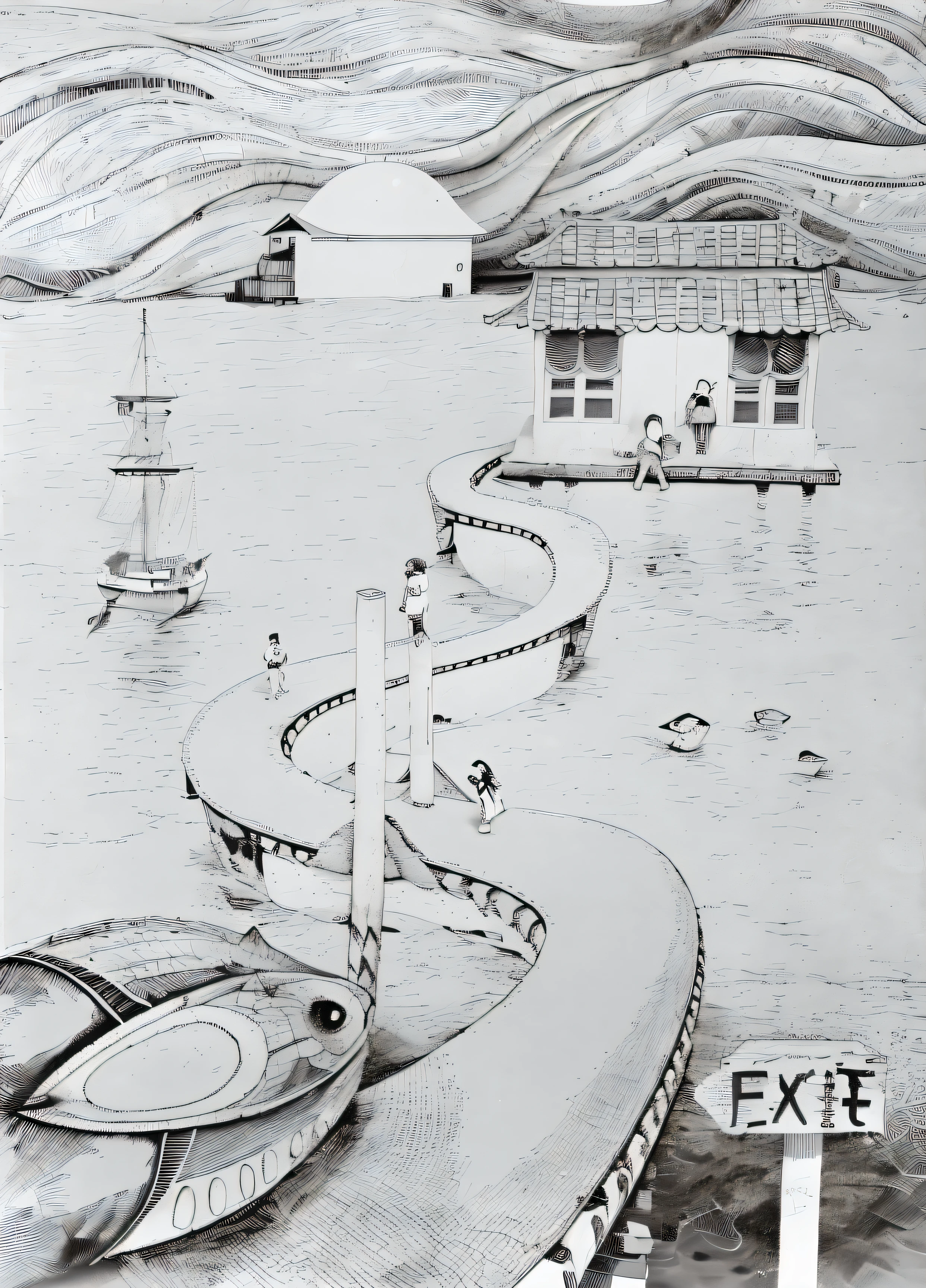 There is a drawing of a shipyard，The background is a house, surrealism painting, inspired by Kanō Mitsunobu, feng zhu |, Inspired by M.c. Escher, Inspired by M. c. Escher, Inspired by MC Escher, monochrome drawing, by Ni Yuanlu, twisted waterway, author：Rei Kamoi，black hair, hair bobbles, wince, longeyelashes, solid circle eyes, fake animal ears, light smile, ear blush, fang, Surrealism, drop shadow, anaglyph, stereogram, tachi-e, pov, atmospheric perspective, 8k, super detail, ccurate, best quality
