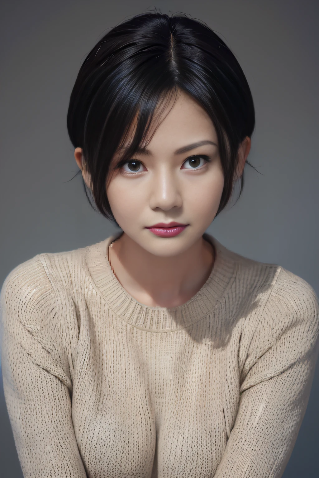 (masterpiece:1.3), (8k, photorealistic, RAW photo, best quality: 1.4), (1girl), beautiful face, (realistic face), (black hair, short hair:1.3), beautiful hairstyle, realistic eyes, beautiful detailed eyes, (realistic skin), beautiful skin, (sweater), absurdres, attractive, ultra high res, ultra realistic, highly detailed, golden ratio