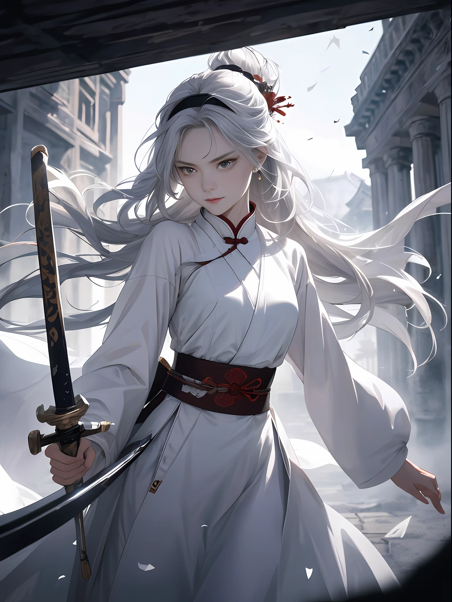 (Fidelity: 1.4), Best Quality, Masterpiece, Ultra High Resolution, Poster, 8K, Fantasy Art, Dynamic Lighting, Art Station, Poster, Volume Lighting, Very Detailed Faces, 4k Wallpaper, Award-Winner, A Girl with a Sword, Black Headband, Long Silver Hair, Long Flowing Hair, Katana, Holding a Great Sword, Demon Samurai, White Clothes, White Tulle Coat, Clothes Fluttering, Slashing Action, Black Belt, Red Sword Qi, Dynamic Perspective, Dramatic Composition, (Ultra: 1.4), ancient Chinese battlefield background, blood stains, many enemies, movie lighting