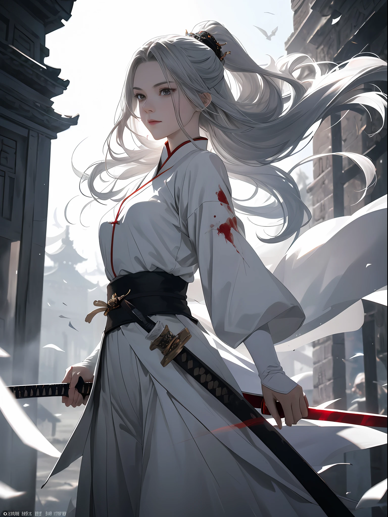 (Fidelity: 1.4), Best Quality, Masterpiece, Ultra High Resolution, Poster, 8K, Fantasy Art, Dynamic Lighting, Art Station, Poster, Volume Lighting, Very Detailed Faces, 4k Wallpaper, Award-Winner, A Girl with a Sword, Black Headband, Long Silver Hair, Long Flowing Hair, Katana, Holding a Great Sword, Demon Samurai, White Clothes, White Tulle Coat, Clothes Fluttering, Slashing Action, Black Belt, Red Sword Qi, Dynamic Perspective, Dramatic Composition, (Ultra: 1.4), ancient Chinese battlefield background, blood stains, many enemies, movie lighting