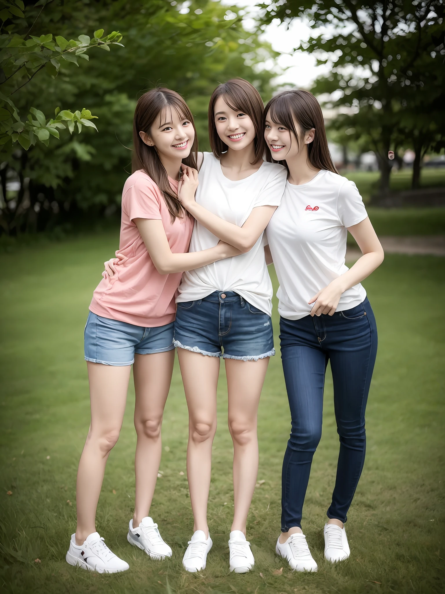 （超高分辨率，RAW photogr，realisticlying，tmasterpiece，best qualtiy：1.4），Complicated details，2 20 year old Korean girl，Wear a loose black T-shirt and skinny jeans，Stand on the grass and take pictures，hugs，Intimate relationships，Detailed meadow，A sweet smile on a small face，Ultra-realistic facial details，The face and skin are pink and white, and luminous，Playful and coquettish pose，The calves are straight and slender:1.2，Wear high-end brand sneakers:1.0，eventide：0.3，Broad lighting，naturalshadow：1.0，超高分辨率，taking a full body photo:1.8 --auto