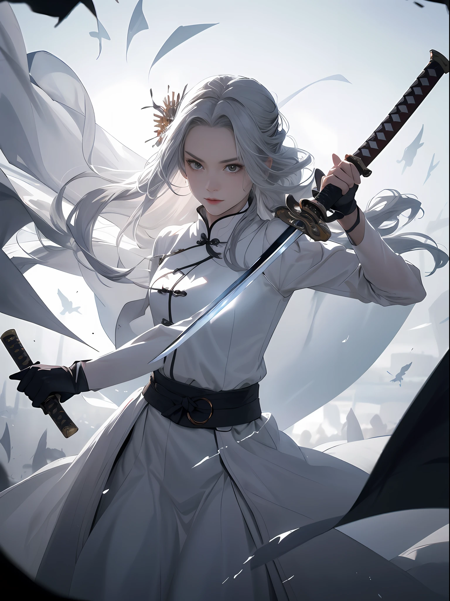 (Fidelity: 1.4), Best Quality, Masterpiece, Ultra High Resolution, Poster, 8K, Fantasy Art, Dynamic Lighting, Art Station, Poster, Volume Lighting, Very Detailed Faces, 4k Wallpaper, Award-Winner, A Girl with a Sword, Black Headband, Long Silver Hair, Long Flowing Hair, Katana, Holding a Great Sword, Demon Samurai, White Clothes, White Tulle Coat, Clothes Fluttering, Slashing Action, Black Belt, Red Sword Qi, Dynamic Perspective, Dramatic Composition, (Ultra: 1.4), ancient Chinese battlefield background, blood stains, many enemies, movie lighting