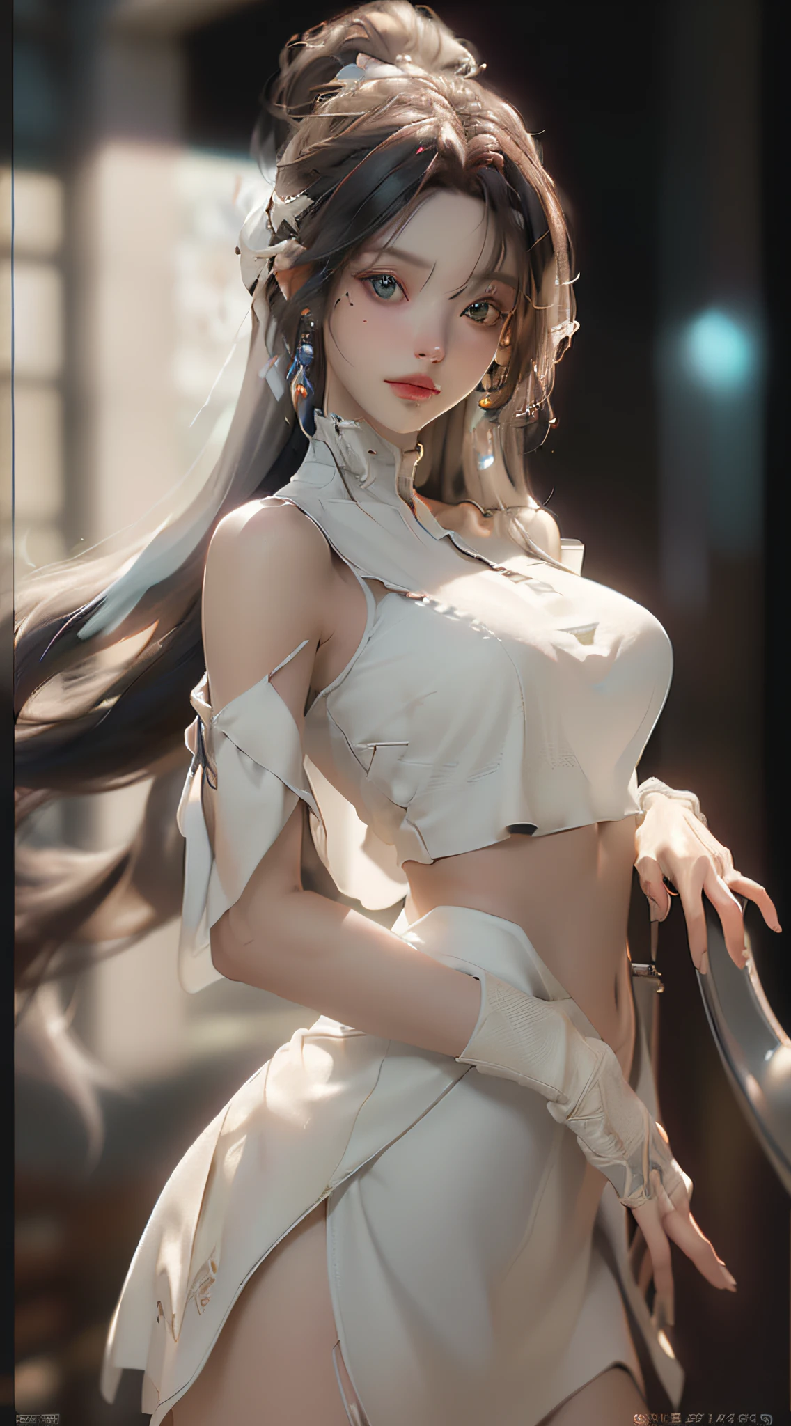 (Best Quality), ((Masterpiece), (Detail: 1.4), 3D, A Beautiful Cyberpunk Woman, HDR (High Dynamic Range), Ray Tracing, NVIDIA RTX, Super-Resolution, Unreal 5, Subsurface Scattering, PBR Textures, Post-Processing, Anisotropic Filtering, Depth of Field, Maximum Sharpness and Clarity, Multi-layer Textures, Albedo and Highlight Maps, Surface Shading, Precise simulation of light-material interactions, perfect proportions, Octane Render, two-color light, large aperture, low ISO, white balance, rule of thirds, 8K RAW, nudity, off-the-shoulder, camisole vest, miniskirt, transparent