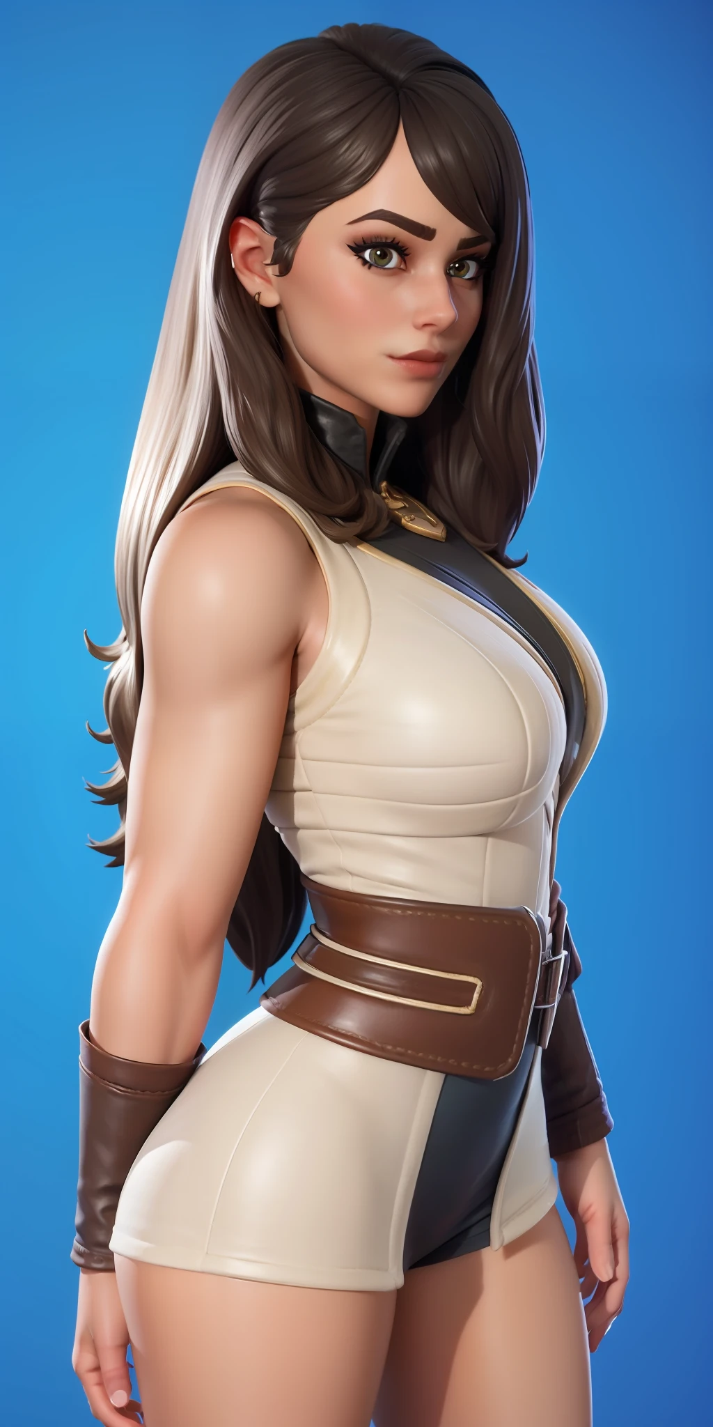 ((best quality)), ((masterpiece)), (detailed) 1girl best quality, portrait, ultra detailed, pretty face, perfect anatomy, solo, fair skin, long hair, perfect hair, bangs, eyes, pupil, fortnite skin, perfect outfit, thick legs, big thigh, blue background, fortnite,
  INFO