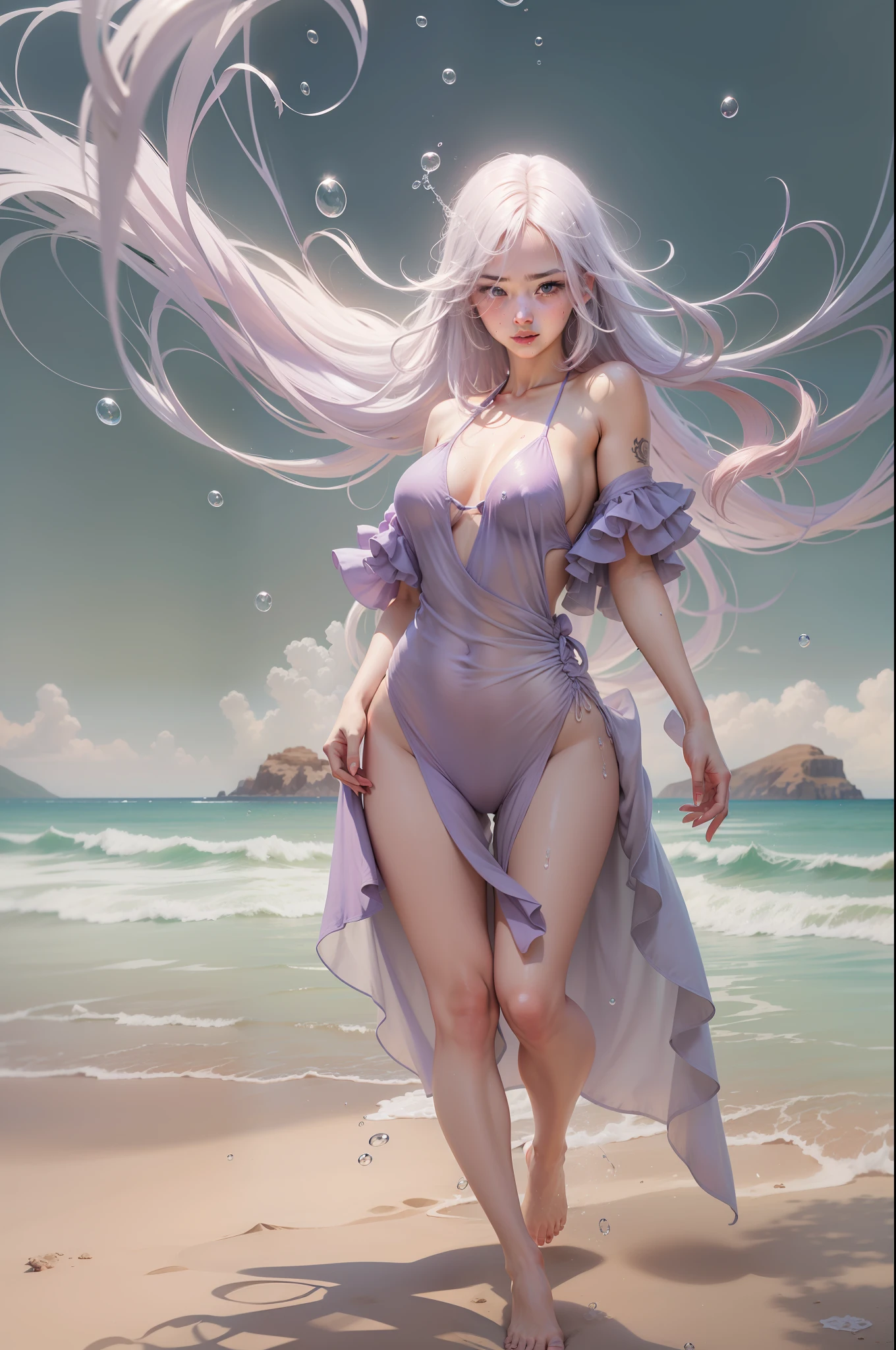 Best picture quality， tmasterpiece，超高分辨率，Fidelity，fully body photo，A beautiful and sexy girl，light pink bikini，Wet swimsuit，bare shoulders​，Bare legs，Wet hair，There are water droplets on the body，Graceful figure，A thousand flavors，Beach by the sea，The lower limbs are attached to the sand，knelt on the beach，facing at camera，spread their legs，gazing at the camera，maroon hair，short detailed hair，eBlue eyes，The wind blows through the hair，Sun Rain，The light and shadows are realistic，There are water droplets on the body，Bigchest，big breasts thin waist，Buttock augmentation，Mole on the chest，Purple lipstick，Caucasian Woman，20yr old，Long eyelashes