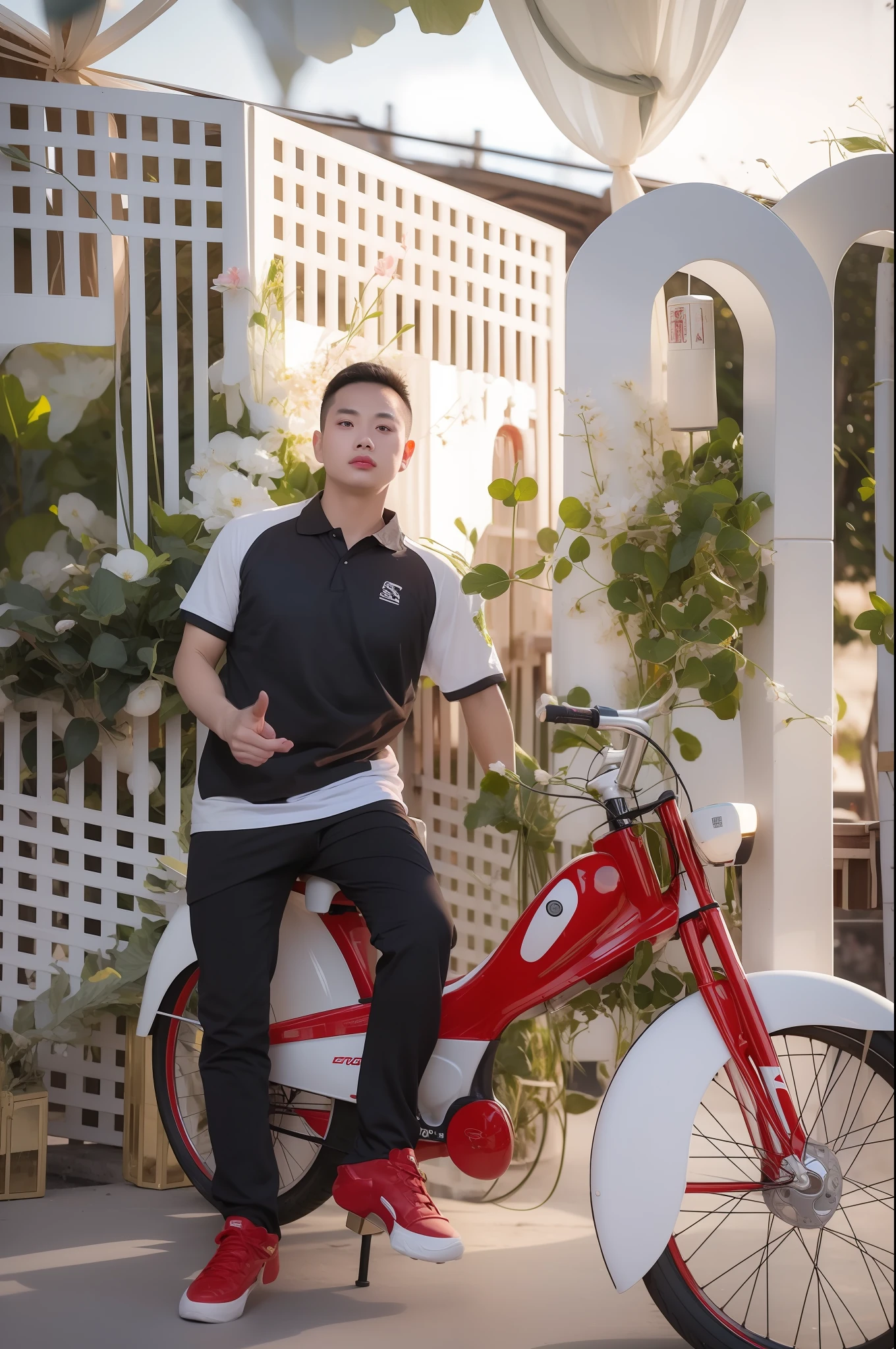 there is a man sitting on a red bike in front of a white fence, in style of lam manh, duy beni serial, hoang long ly, ao dai, dang my linh, backdrop, bao pham, phong yintion j - jiang geping, inspired by Guan Daosheng, inspired by Ding Yunpeng, jia