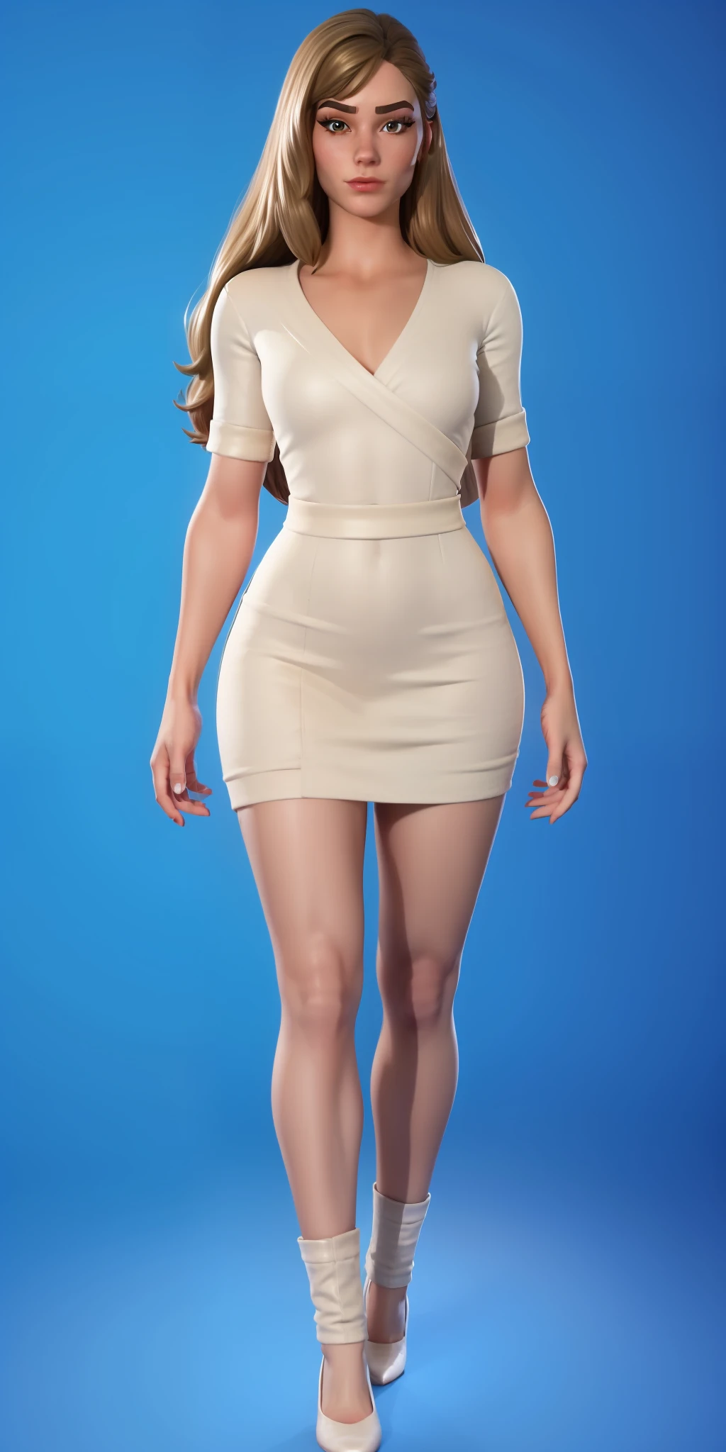((best quality)), ((masterpiece)), (detailed) 1girl best quality, portrait, ultra detailed, pretty face, perfect anatomy, solo, fair skin, long hair, perfect hair, bangs, eyes, pupil, fortnite skin, perfect outfit, thick legs, big thigh, blue background, fortnite,
  INFO