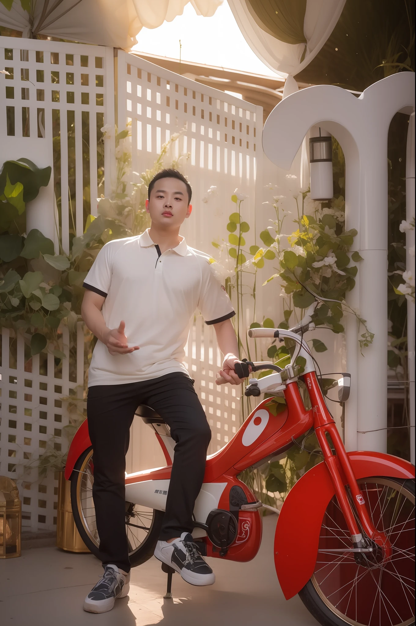 there is a man sitting on a red bike in front of a white fence, in style of lam manh, duy beni serial, hoang long ly, ao dai, dang my linh, backdrop, bao pham, phong yintion j - jiang geping, inspired by Guan Daosheng, inspired by Ding Yunpeng, jia