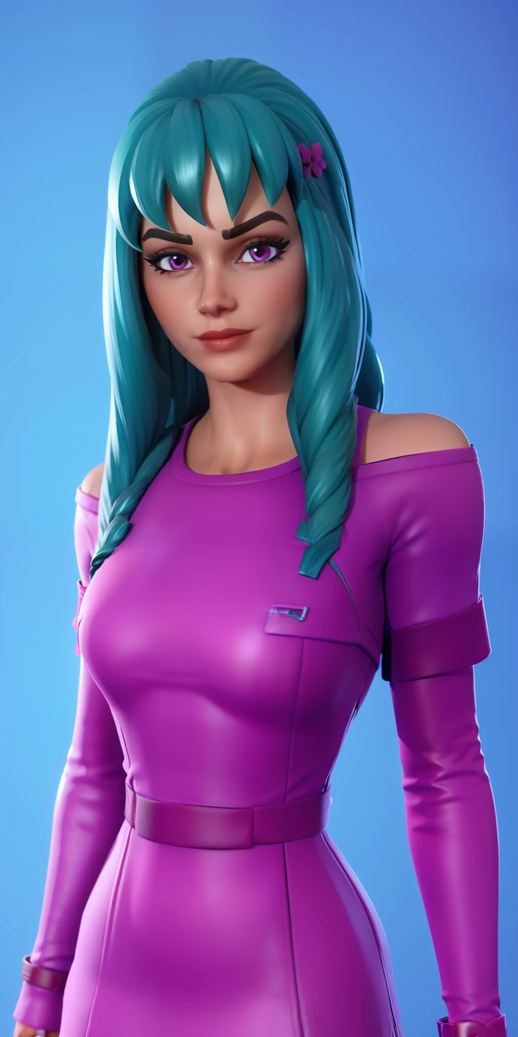 BiBa ((best quality)), ((masterpiece)), (detailed) 1girl best quality, portrait, ultra detailed, pretty face, perfect anatomy, solo, mememe, light skin tone, long hair, aqua hair, blunt bangs, pink eyes, pupil, pink dress, purple sleeves, purple thighs, blue background, fortnite,
INFO