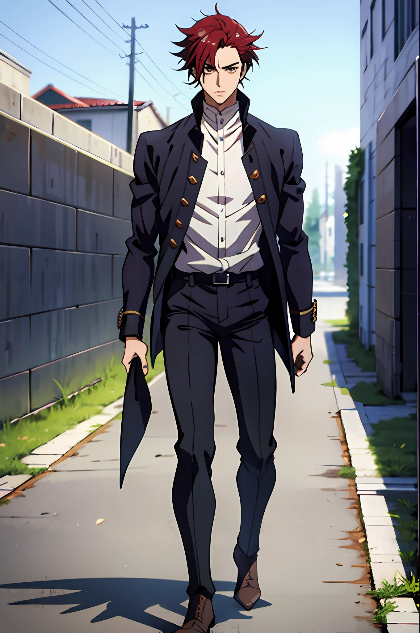 personagem de anime masculino de cabelo vermelho usando o terno preto com bota