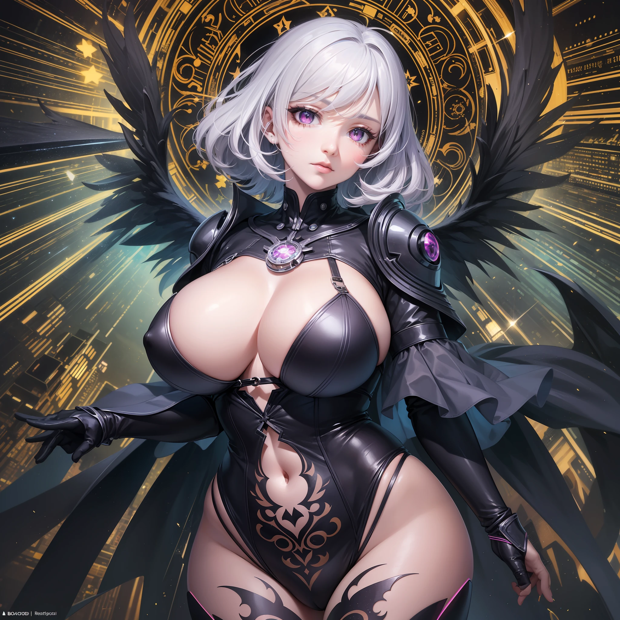 from below, high resolution, highest quality, super high quality, super detail, ultra realistic, photorealistic, anime, manga, illustration, Northern Renaissance style, fantasy, super beautiful cute girl, silver short tired hair, sparkling big pink eyes, mysterious, enchanting, tattoos, huge breasts, under boob, great proportion, perfect proportion, slender, full body, big wings, background galaxy, magic circle, kaleidoscope, rainbow and gold neon light many lines, cyber punk, church, cityscape