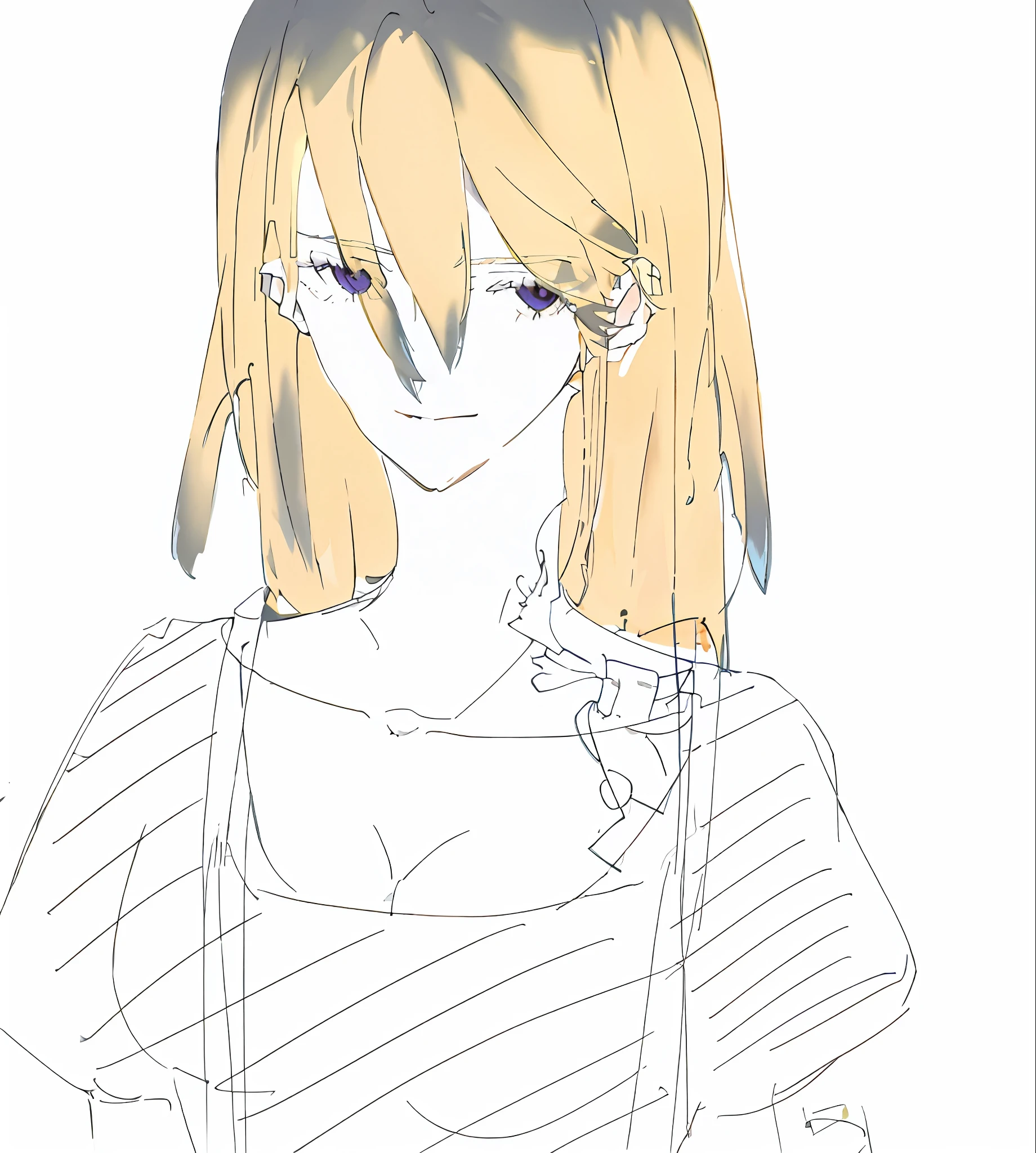 Anime drawing of woman in glasses and suspenders,sketchy artstyle,no shade,Line sketch,style of anime,clean anime outlines,Anime style,Flat anime style shadows,Semi-realist style,Anime style portrait,Limited to anime style,Purple eye,golden hair,Handsome smile,Handsome girl,Heroic,Tattoos on the neck and chest,Hair dyeing,Multiple stud earrings。