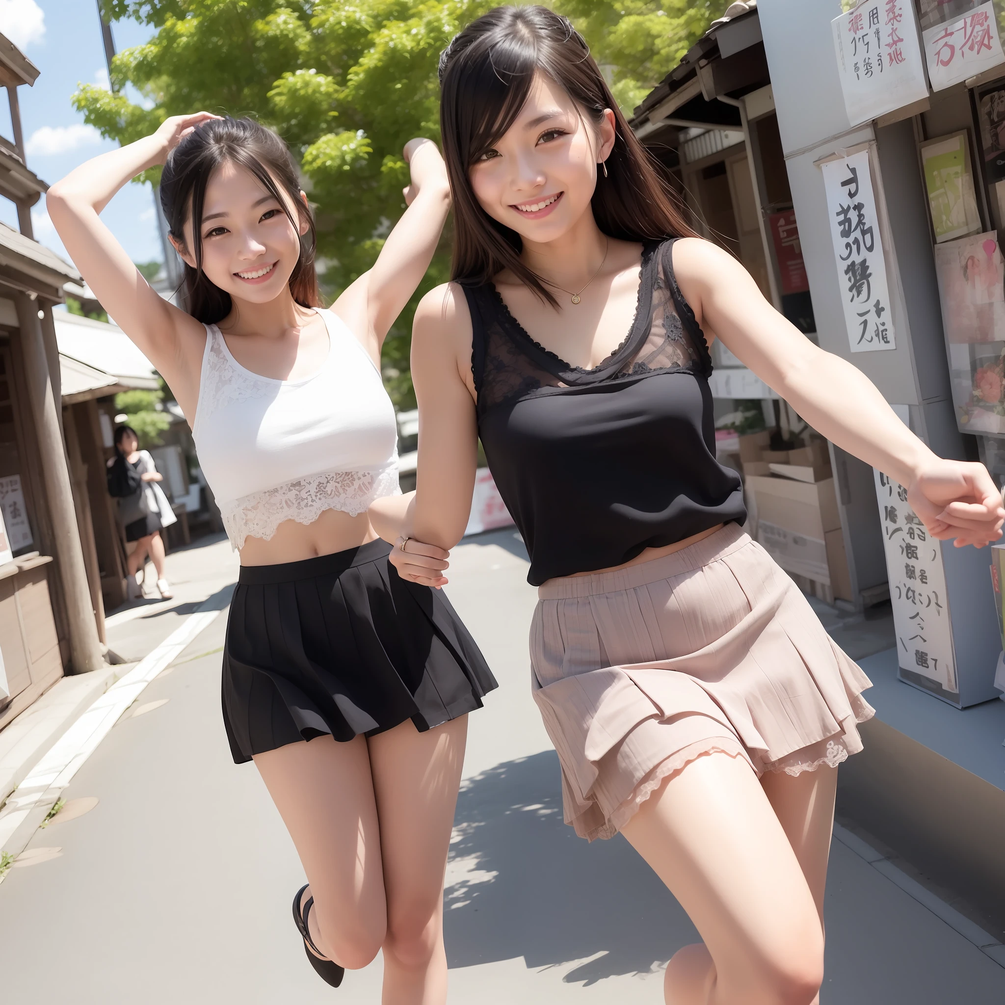 photograph、Ruffled and lace garments、tank top、skirt、jumping、smiling with arms wide open、A Japanese Lady