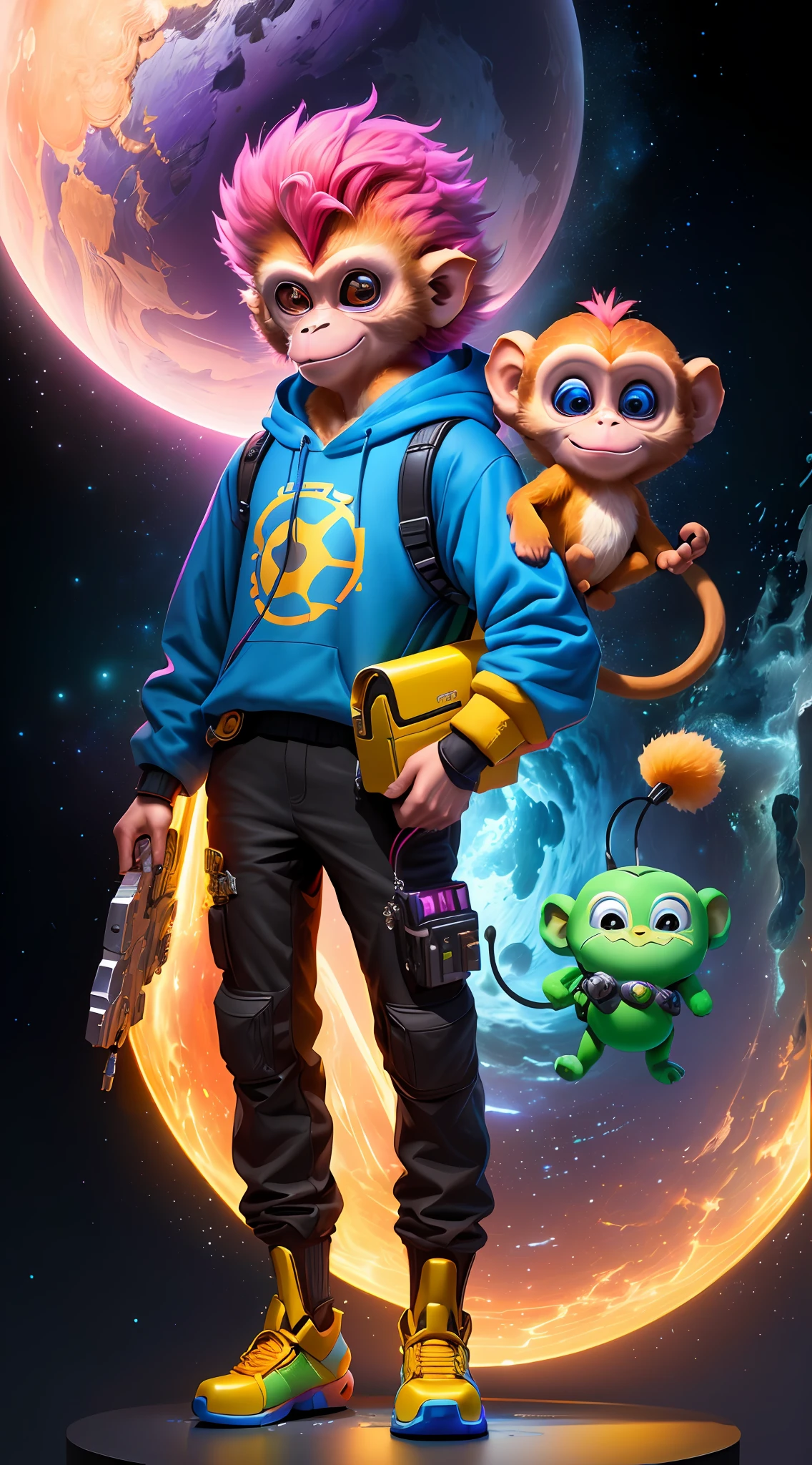 A small pangolin, magical, Anthropomorphic, Wear a futuristic machine,Carry mechanical weapons, The background is a colorful universe. pixar animation, Funky blind box, OC Render, Ray traching, High quality, High detail, high resolution, 8K, bust size