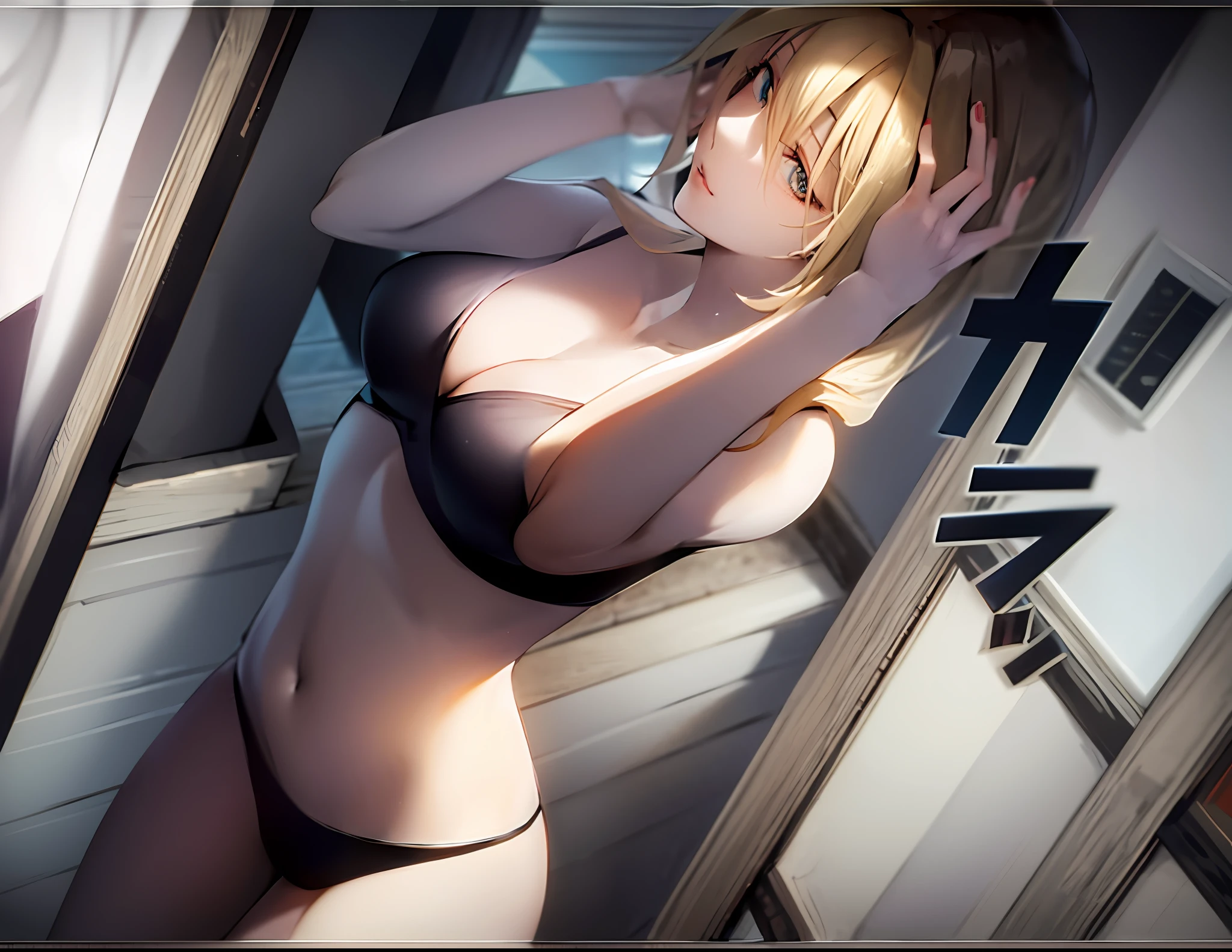 arafed image of a woman in a bikini standing in front of a window, blonde, estilo de arte anime (colorido)