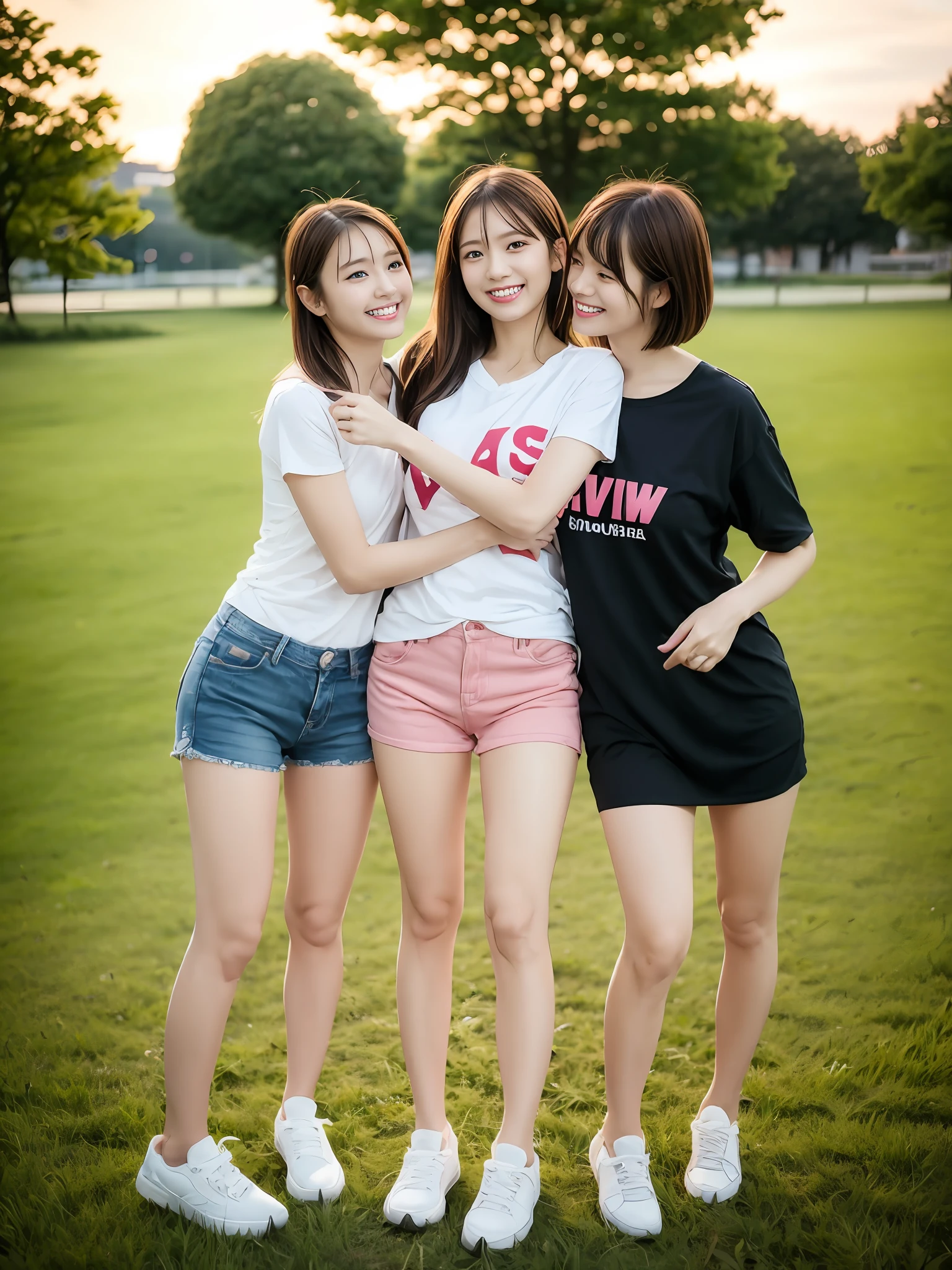 (超高分辨率,RAW photogr,realisticlying,tmasterpiece,best qualtiy:1.4),Complicated details,2 20 year old Korean girl,Wear a loose black T-shirt and skinny jeans,Stand on the grass and take pictures,hugs,Intimate relationships,Detailed meadow,A sweet smile on a small face,Ultra-realistic facial details,The face and skin are pink and white, and luminous,Playful and coquettish pose,The calves are straight and slender:1.2,Wear high-end brand sneakers:1.0,eventide:0.3,Broad lighting,naturalshadow:1.0,超高分辨率,taking a full body photo:1.8 --auto
