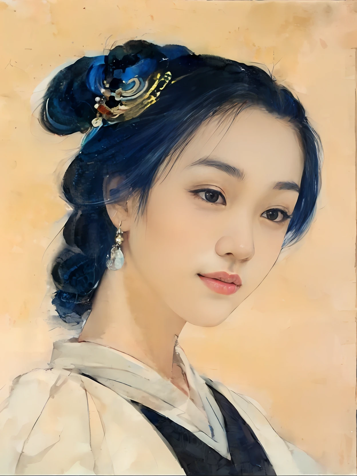 Close-up of a woman wearing a blue hair piece, ancient chinese beauti, ancient china art style, Princesa chinesa antiga, Chinese woman, author：Uemura Shoen, Chinese girl, Chinese art, Chinese painting style, inspired by Zhang Shuqi, zhang daqian, Song Dynasty, Wearing ancient Chinese clothes, traditional female hairstyles --auto