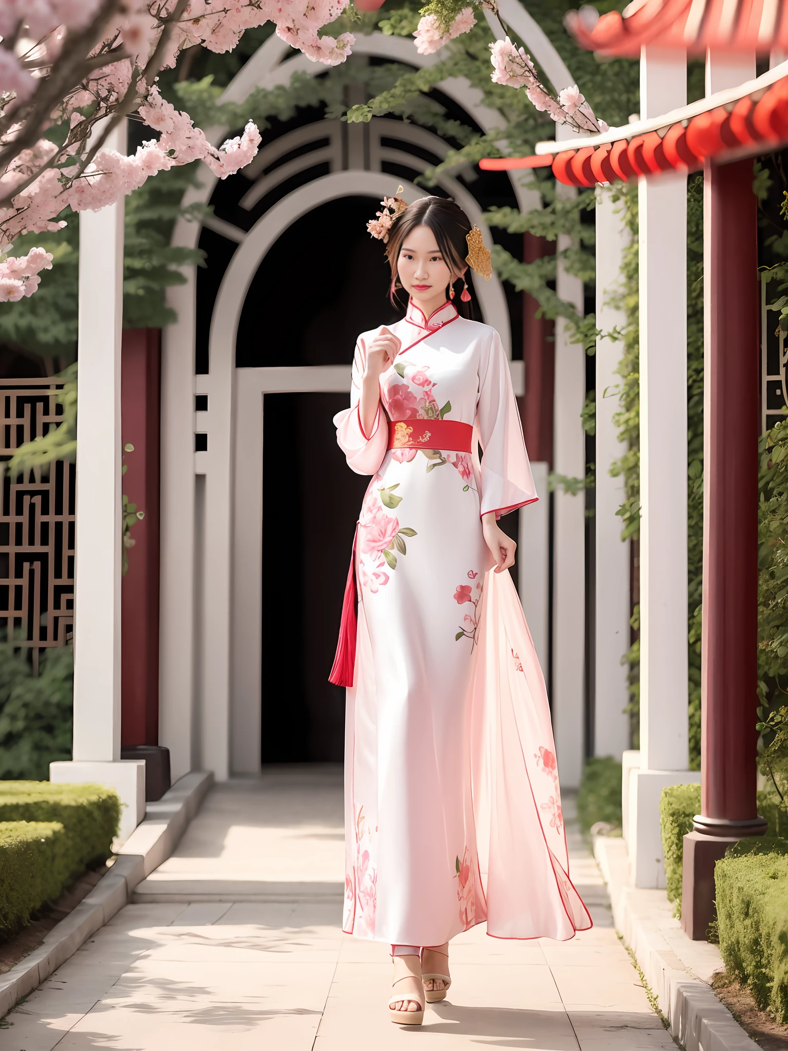There was a woman standing in the park with an electric fan, on cheongsam, with acient chinese clothes, soft silk dress, Traditional Chinese clothing, Chinese dress, Women's long skirt, translucent silky dress, Wearing ancient Chinese clothes, year 2447, Chinese style, Silk dress, Chinese woman, Summer evening, Long dress, full - length view, Chinese costume
