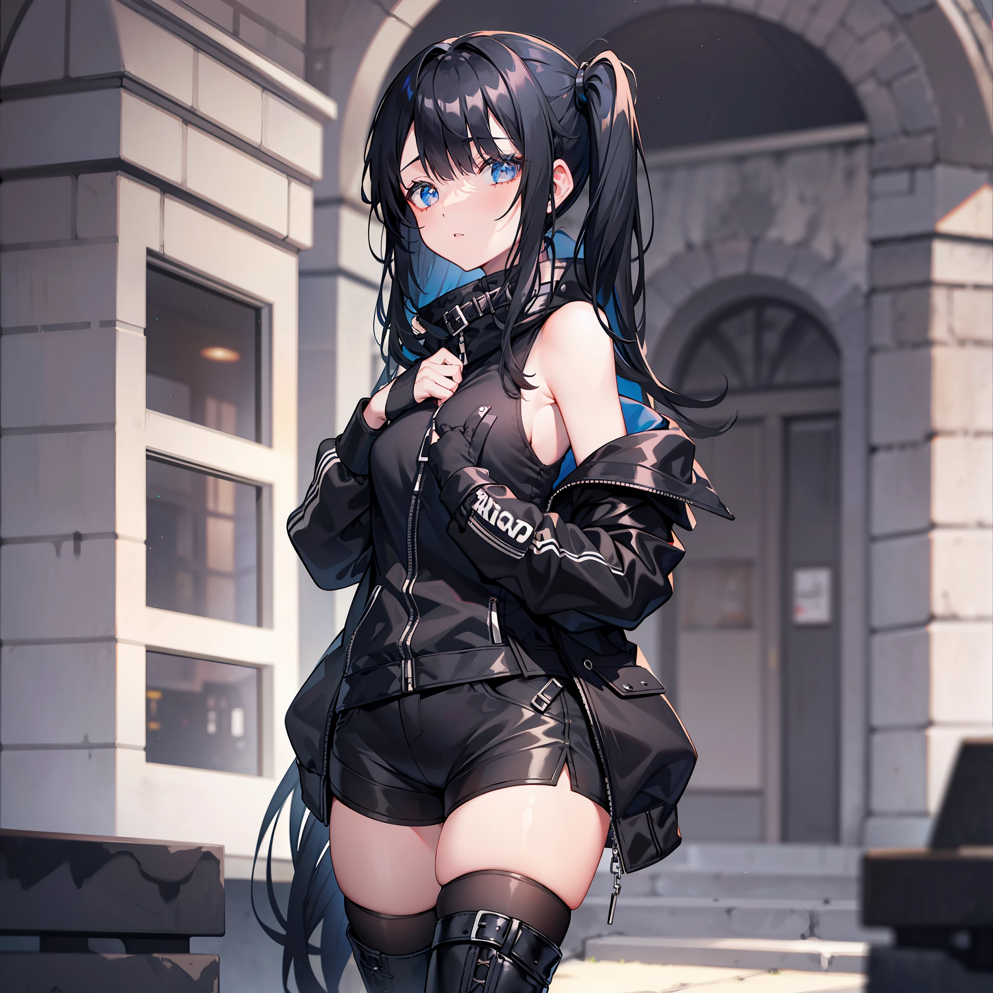 black pantyhoses,s girl,Starry eyes,Black parka,Dark blue hair,side pony tail,Extremely long hair,tmasterpiece,4k,Award-winning photos,extremely detaile,finely detailled,Highly detailed woman,extremely detailed eyes and face,black knee boots,Full body like,Hair covers one eye,asymmetricalbangs,Perfect female body,1girl,Black shorts,old castle,standing on your feet