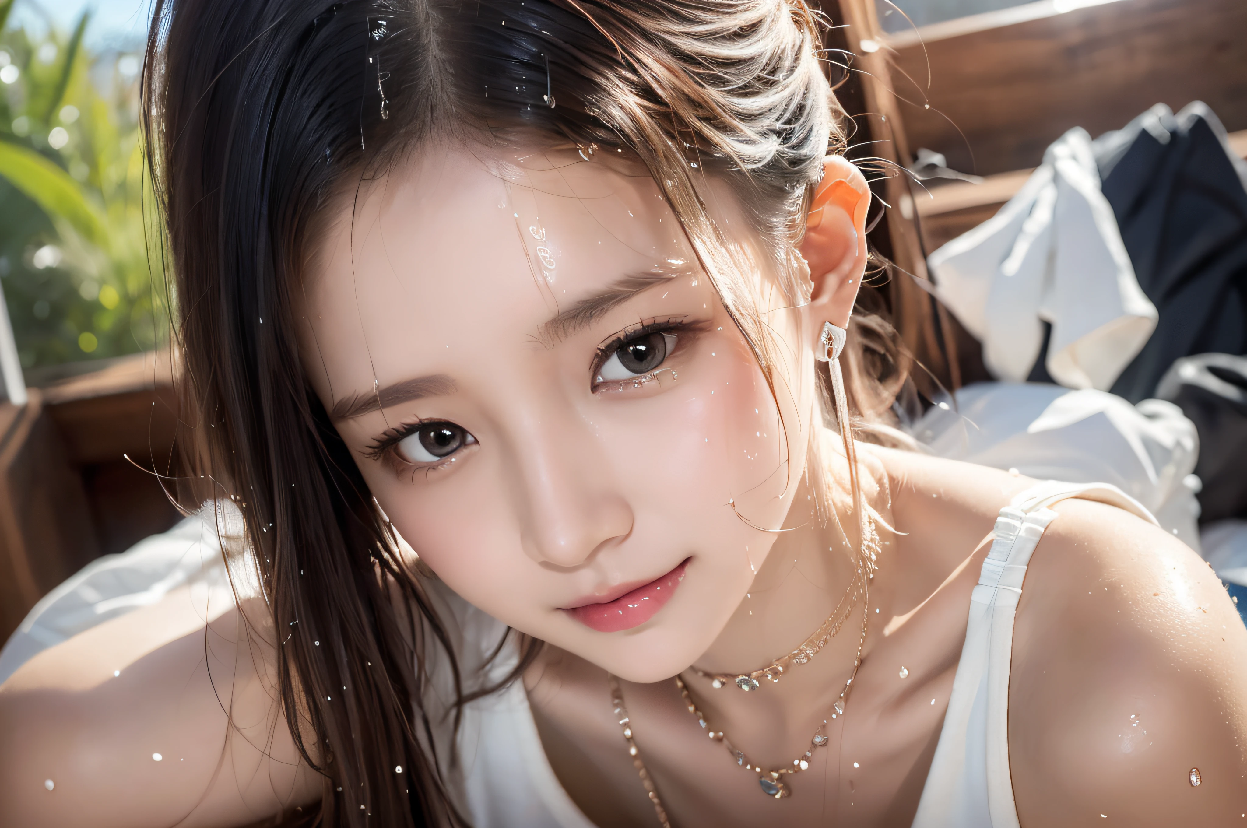 （White color blouse：1.2），No underwear，（（（wetclothes：1.5））） （innocent and classy girl：1.2）， （Double ponytail hairstyle，cabelos preto e longos）， Very detailed face and skin texture， A detailed eye， 二重まぶた， Pale cheeks， Glossy glossy skin， Moist eyes：1.2， Shiny little neckless and earrings， Glossy lips：1.4， White skin of the：1.2， （from above distance： 1.2））， （sweetsmile：1.2）， （looking at viewert）， （tiny mouth：1.1），（In the bathroom：1.2），Wearing white panties，（Wet panties：1.3），Feet are exaggeratedly open