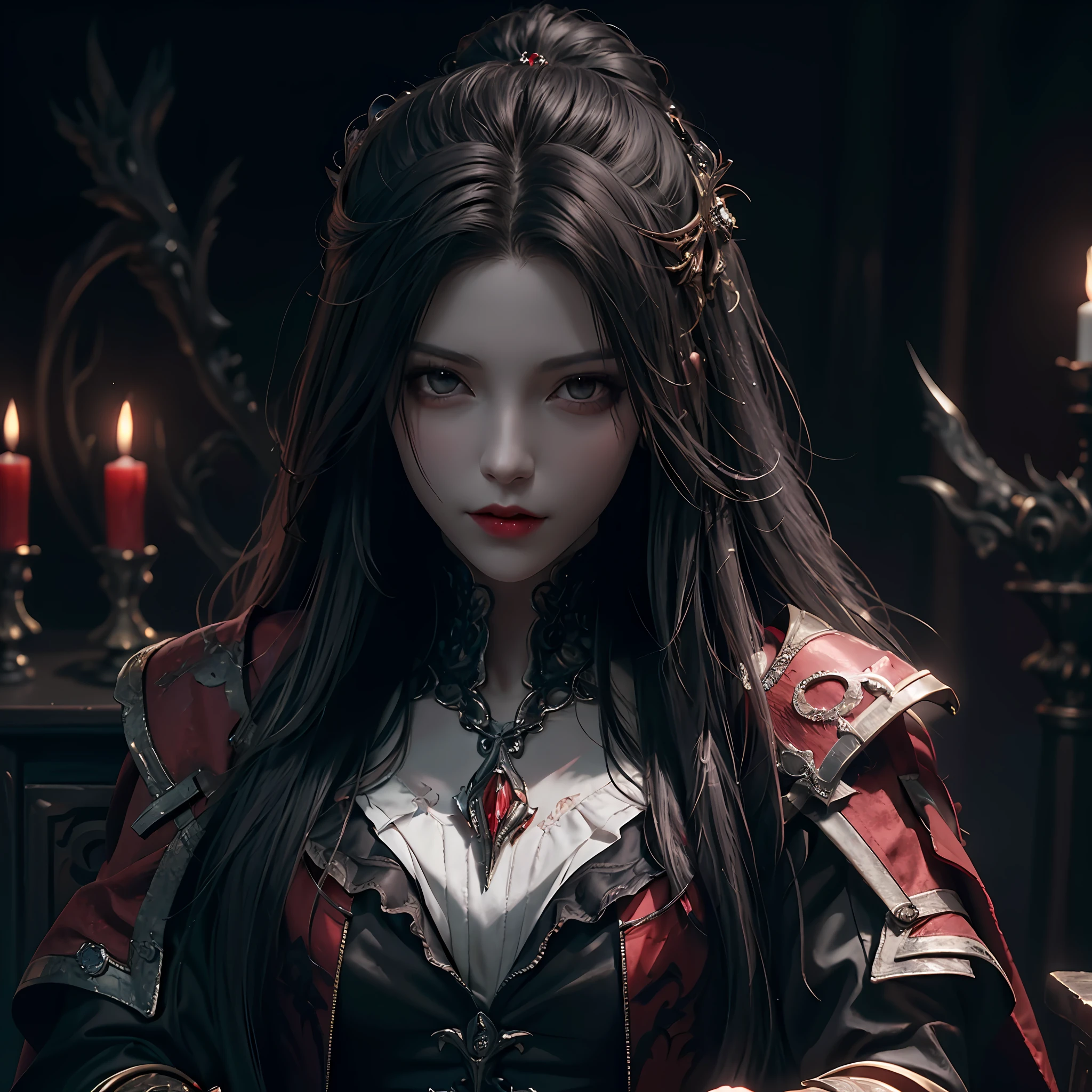 arafed woman in a red and black dress holding a knife, dark fantasy style art, beautiful vampire female queen, dark fantasy style, beautiful vampire queen, dark fantasy mixed with realism, carmilla vampire, vampire portrait, beautiful necromancer, alexandra fomina artstation, dark fantasy portrait, 2. 5 d cgi anime fantasy artwork